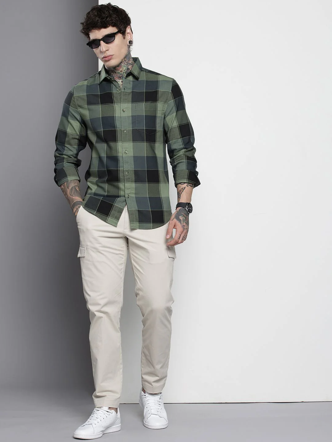 Men's Green Slim Fit Checked Casual Shirt - Image 4
