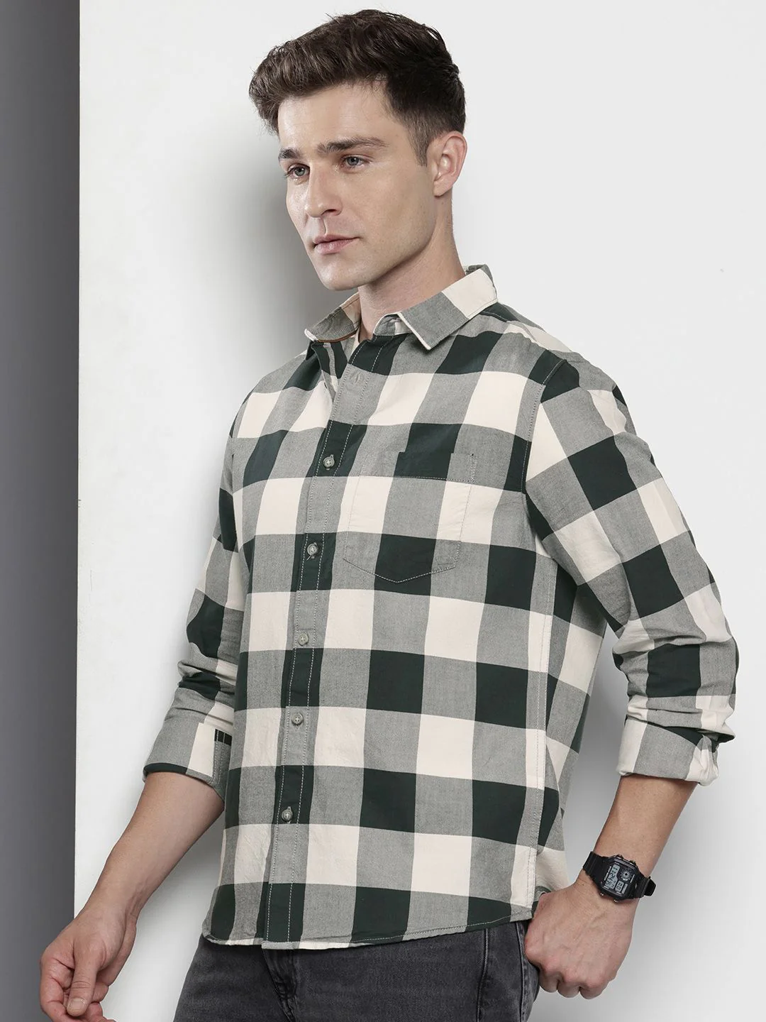 Men's Green Slim Fit Checked Casual Shirt - Image 2