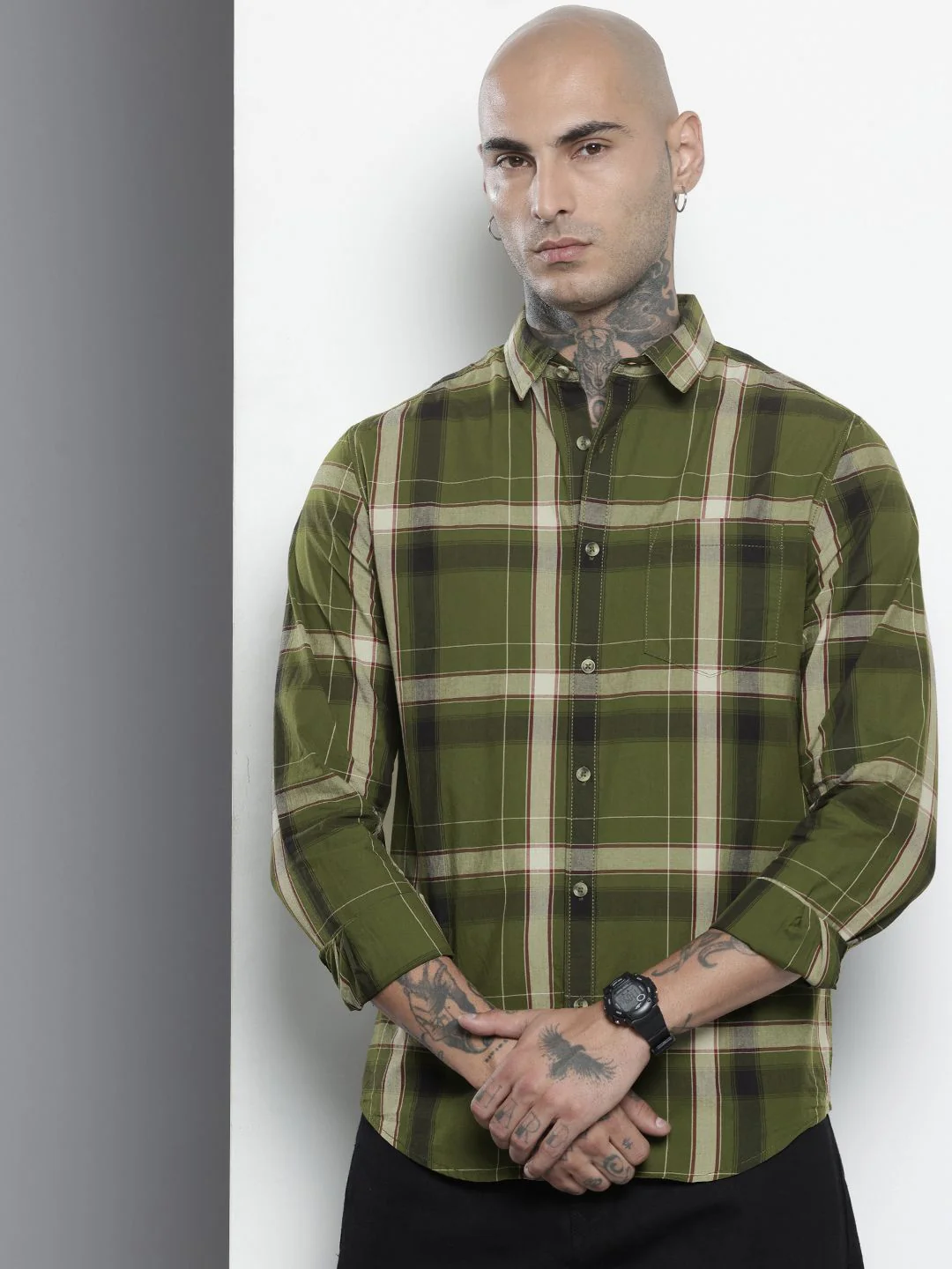 Men's Green Slim Fit Checked Casual Shirt - Image 3