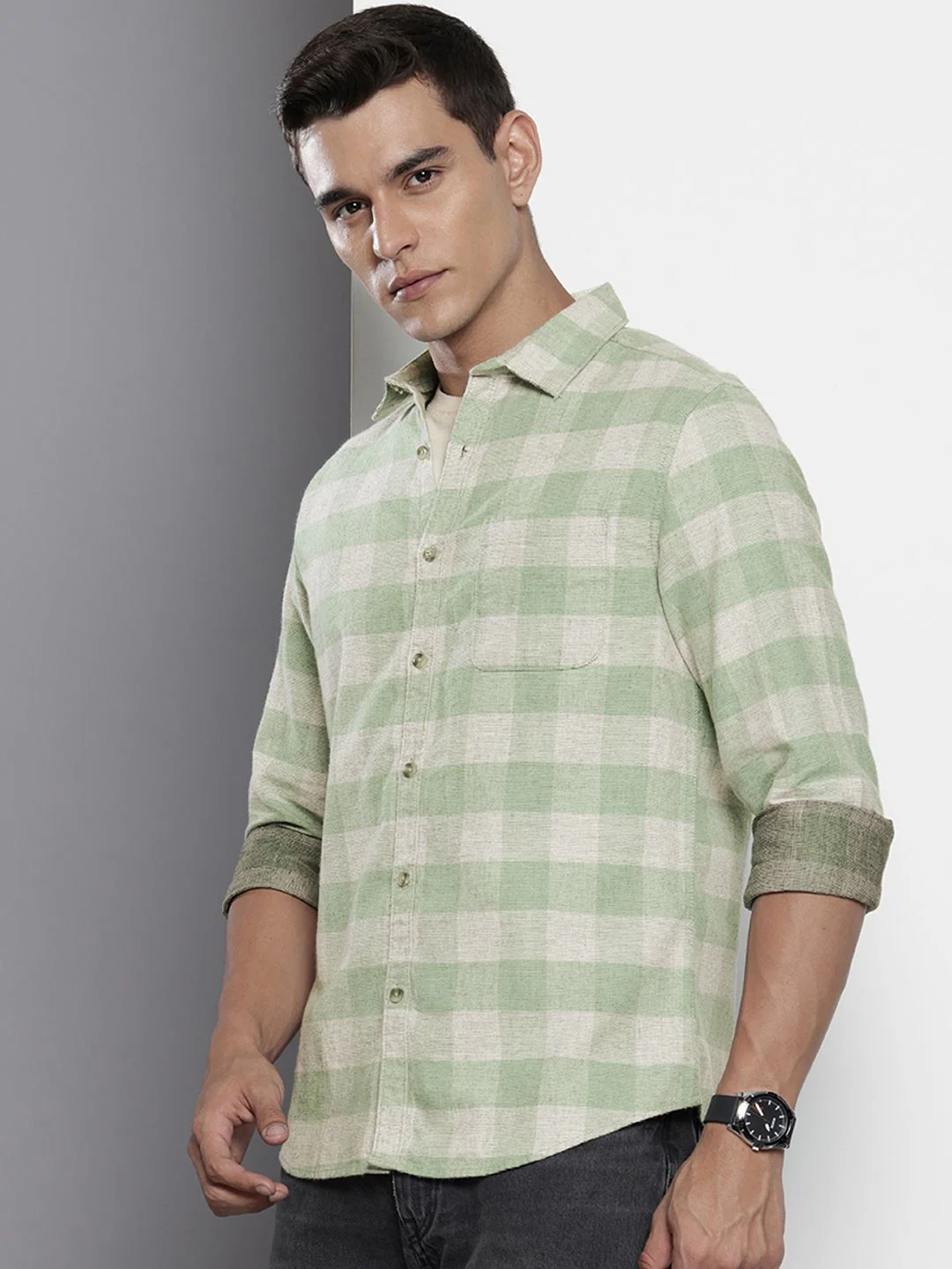 Men's Green Slim Fit Checkered Casual Shirt - Image 3