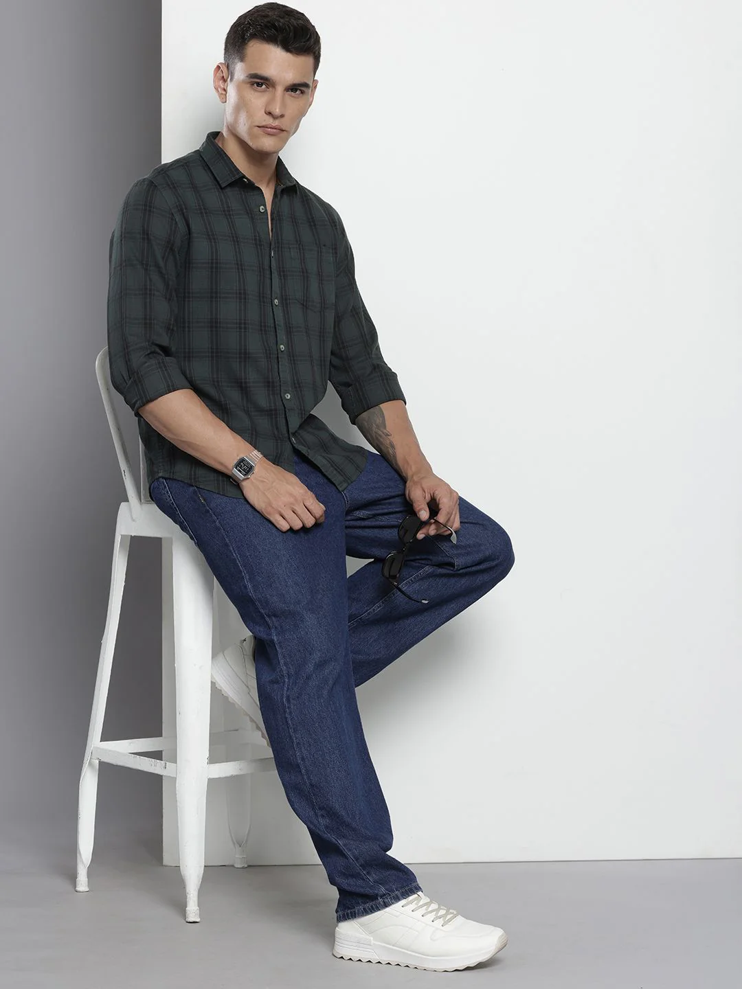 Men's Green Slim Fit Checked Casual Shirt - Image 4