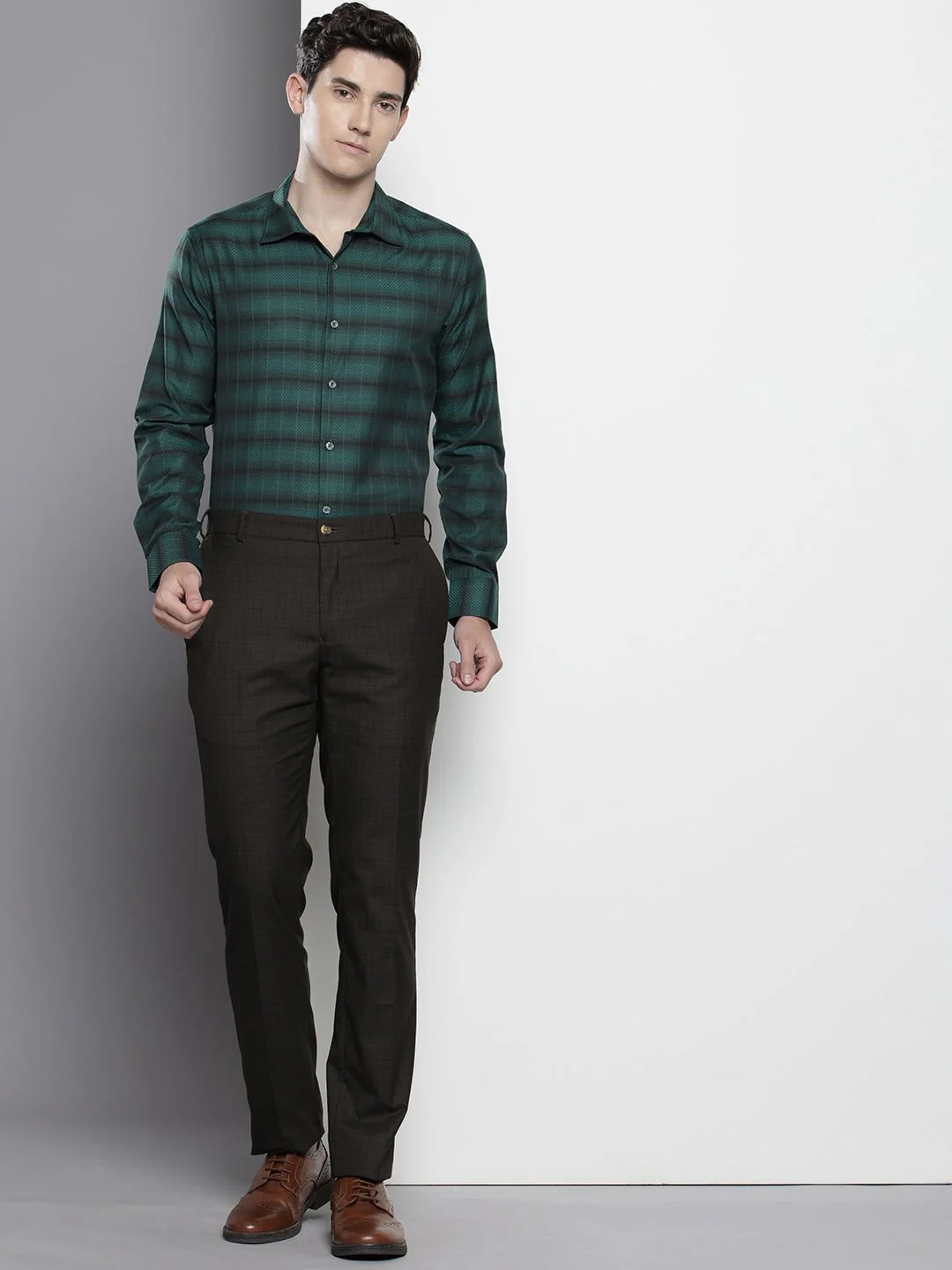 Men's Green Slim Fit Checked Formal Shirt - Image 3