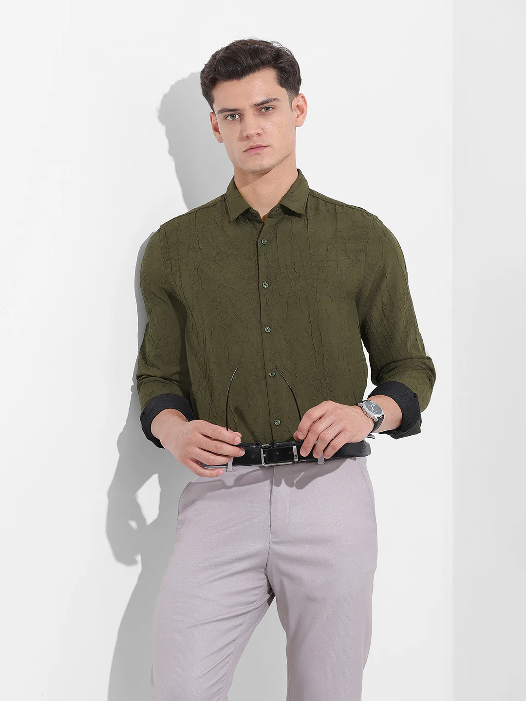 Men's Olive Slim Fit Textured Party Wear Shirt