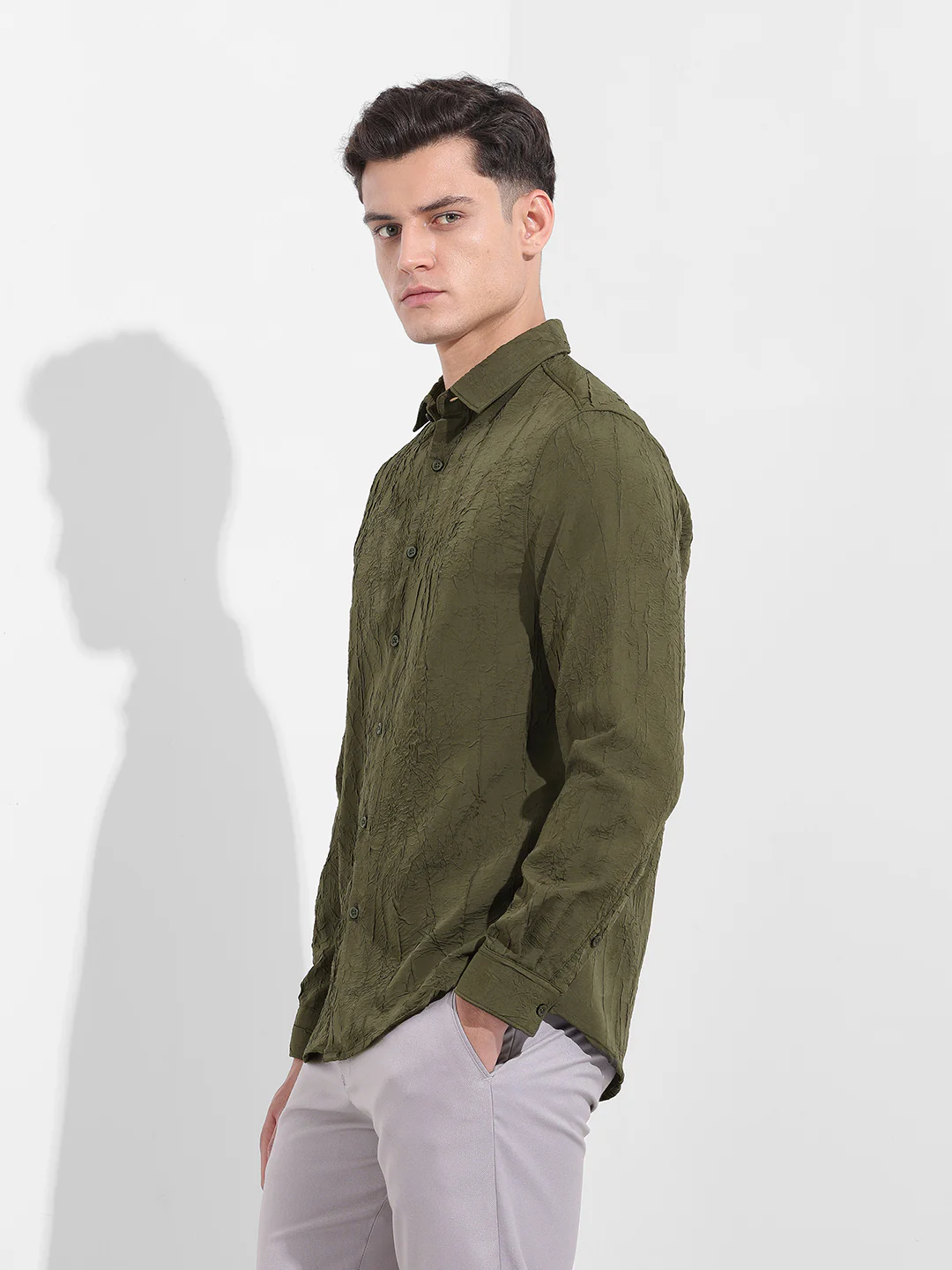 Men's Olive Slim Fit Textured Party Wear Shirt - Image 2