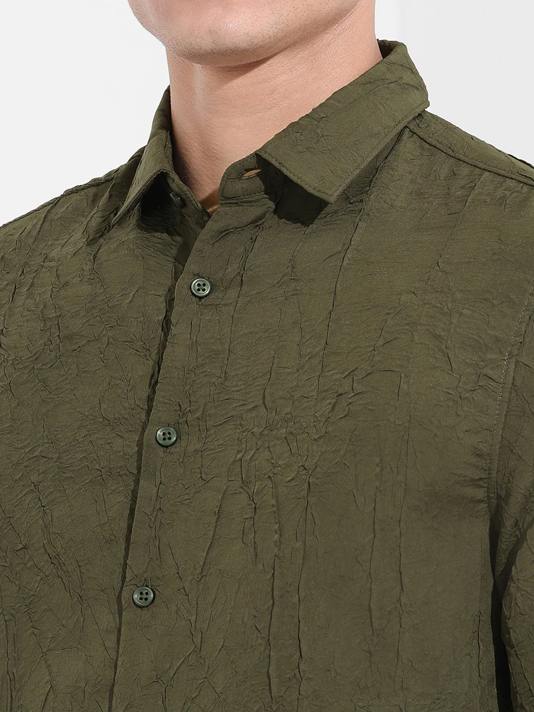 Men's Olive Slim Fit Textured Party Wear Shirt - Image 3