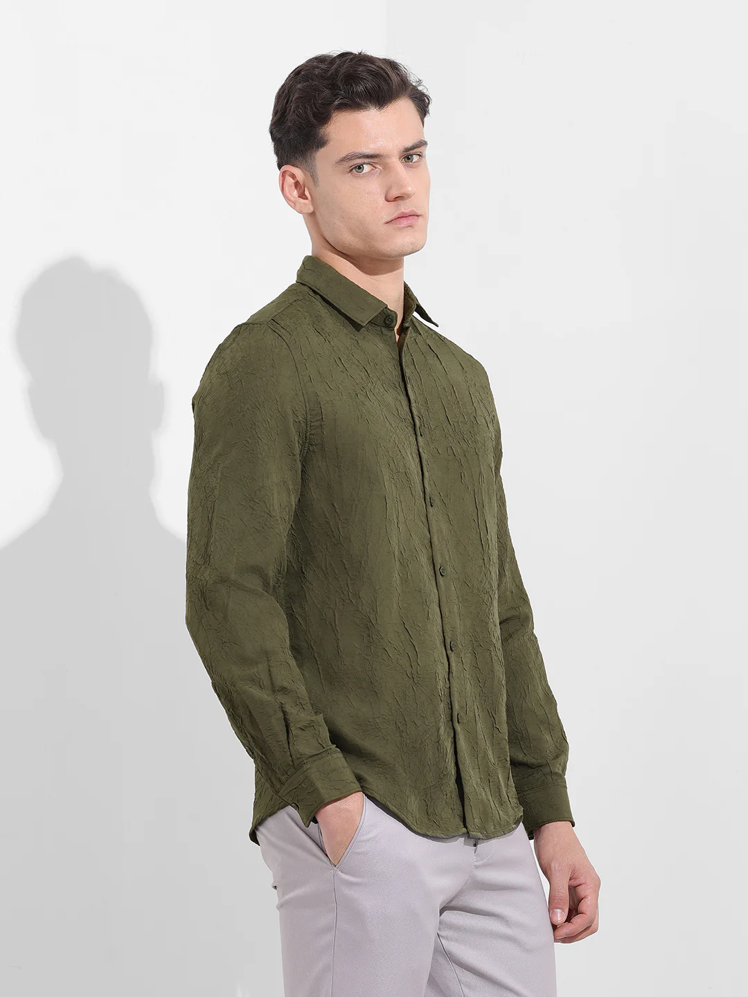 Men's Olive Slim Fit Textured Party Wear Shirt - Image 4