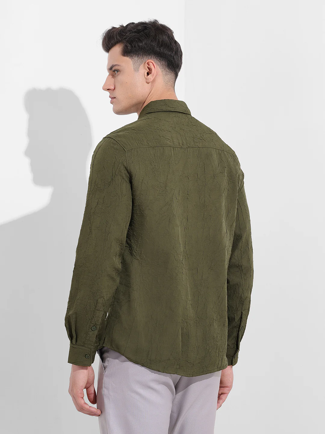 Men's Olive Slim Fit Textured Party Wear Shirt - Image 5