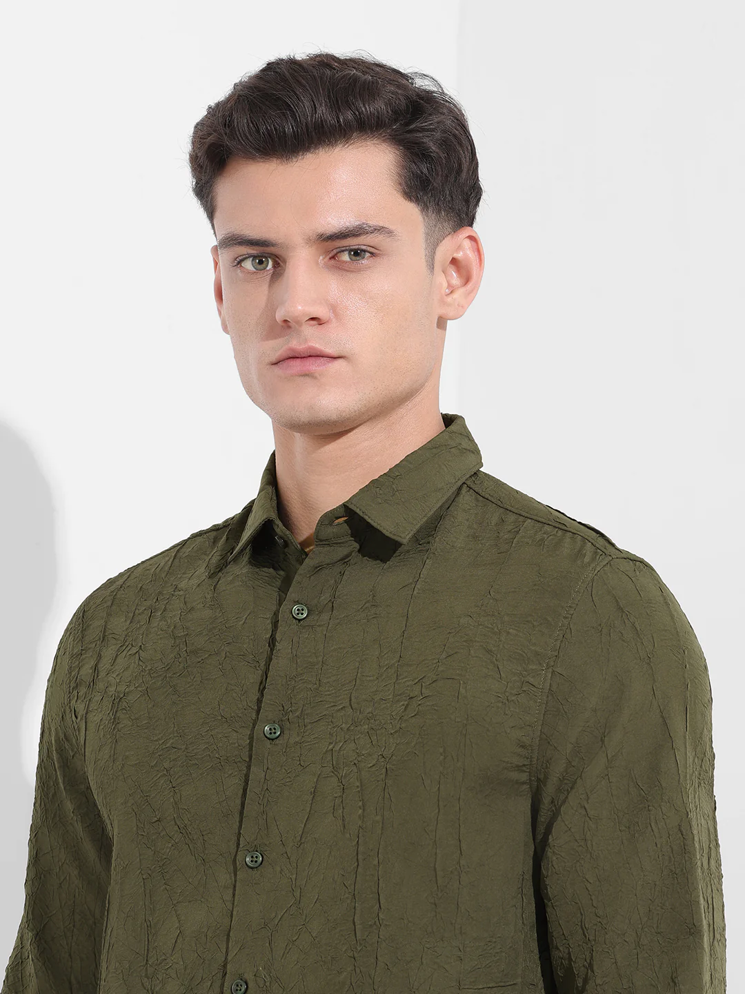 Men's Olive Slim Fit Textured Party Wear Shirt - Image 6