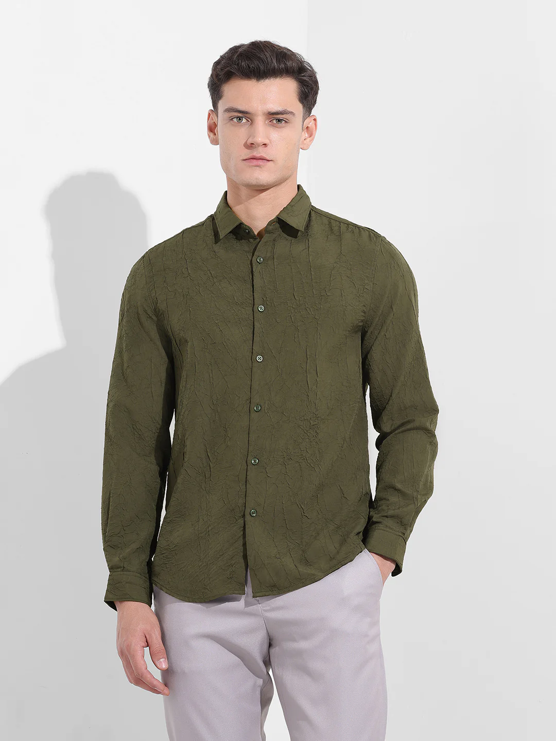Men's Olive Slim Fit Textured Party Wear Shirt - Image 7