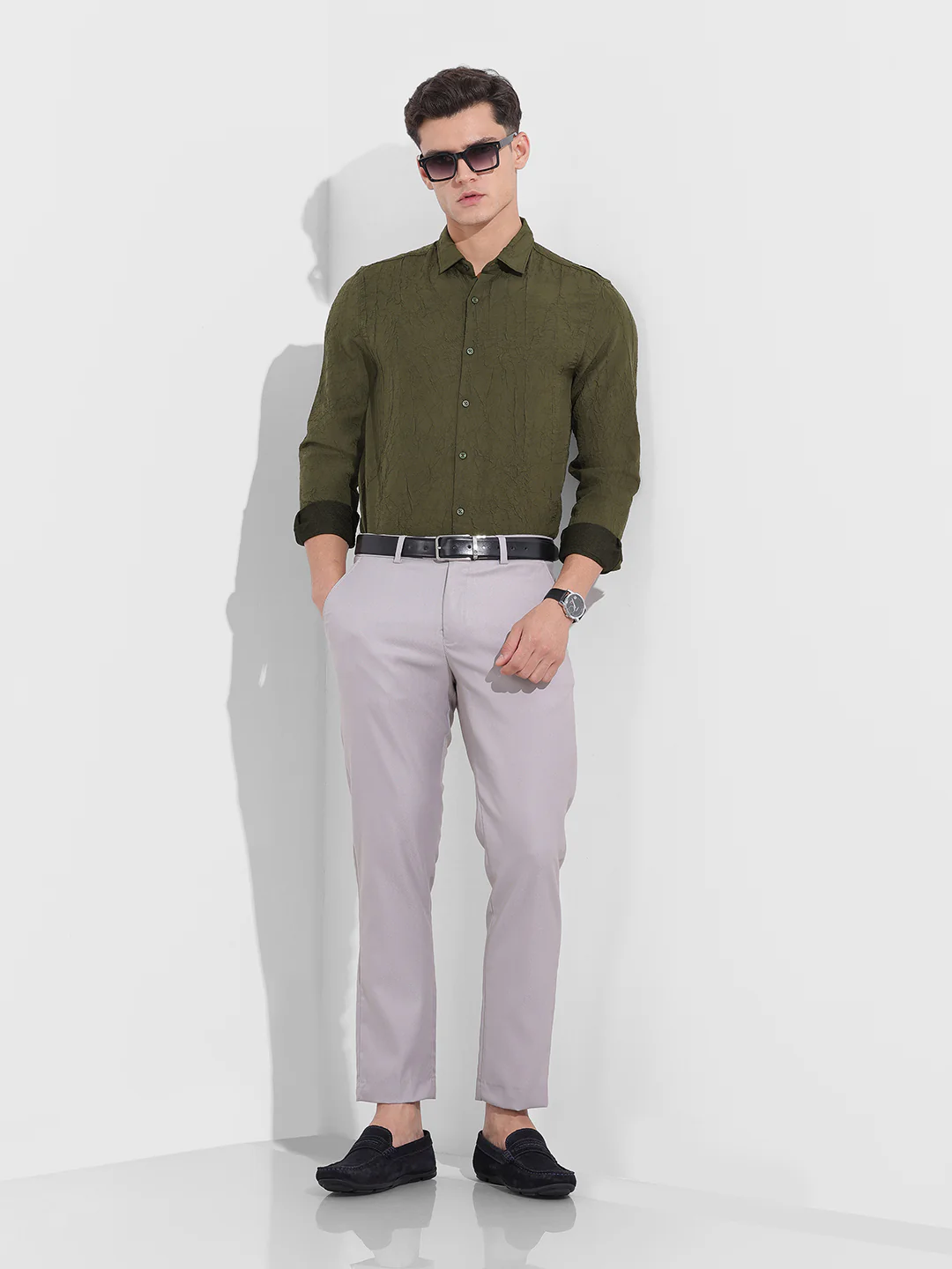 Men's Olive Slim Fit Textured Party Wear Shirt - Image 8