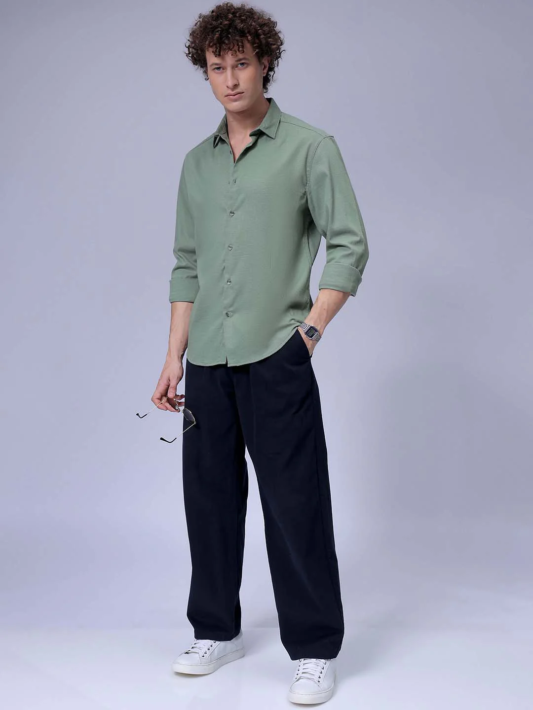 Men's Green Slim Fit Solid Textured Shirt - Image 7