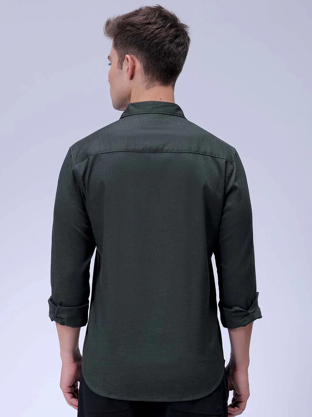 Men's Bottle Green Slim Fit Solid Textured Shirt - Image 5