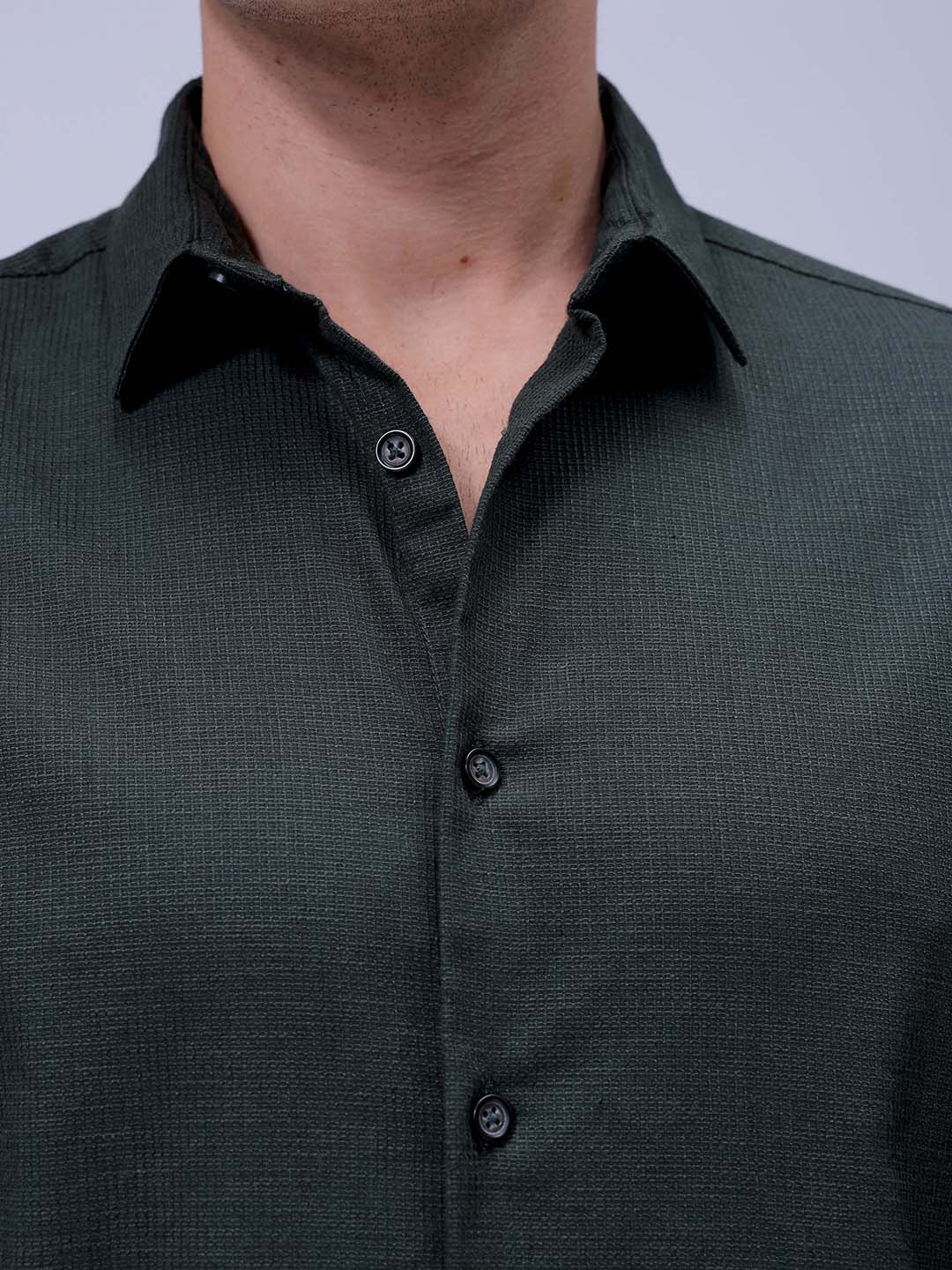 Men's Bottle Green Slim Fit Solid Textured Shirt - Image 6