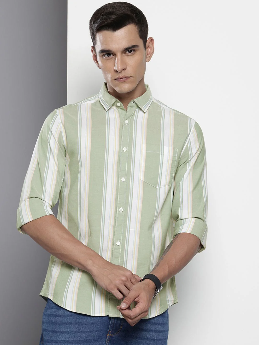Men's Green Slim Fit Striped Striped Shirt - Image 2