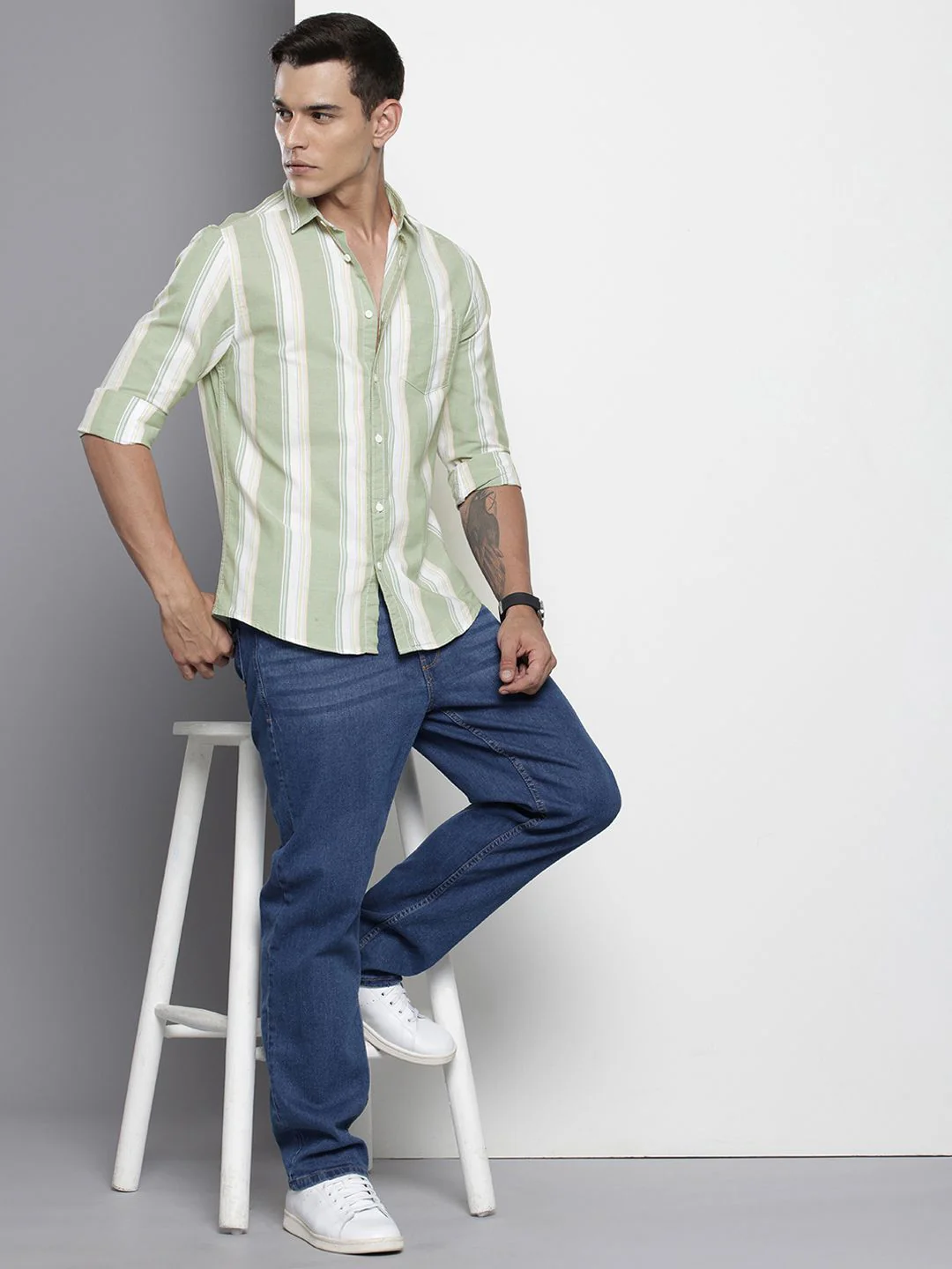 Men's Green Slim Fit Striped Striped Shirt - Image 3