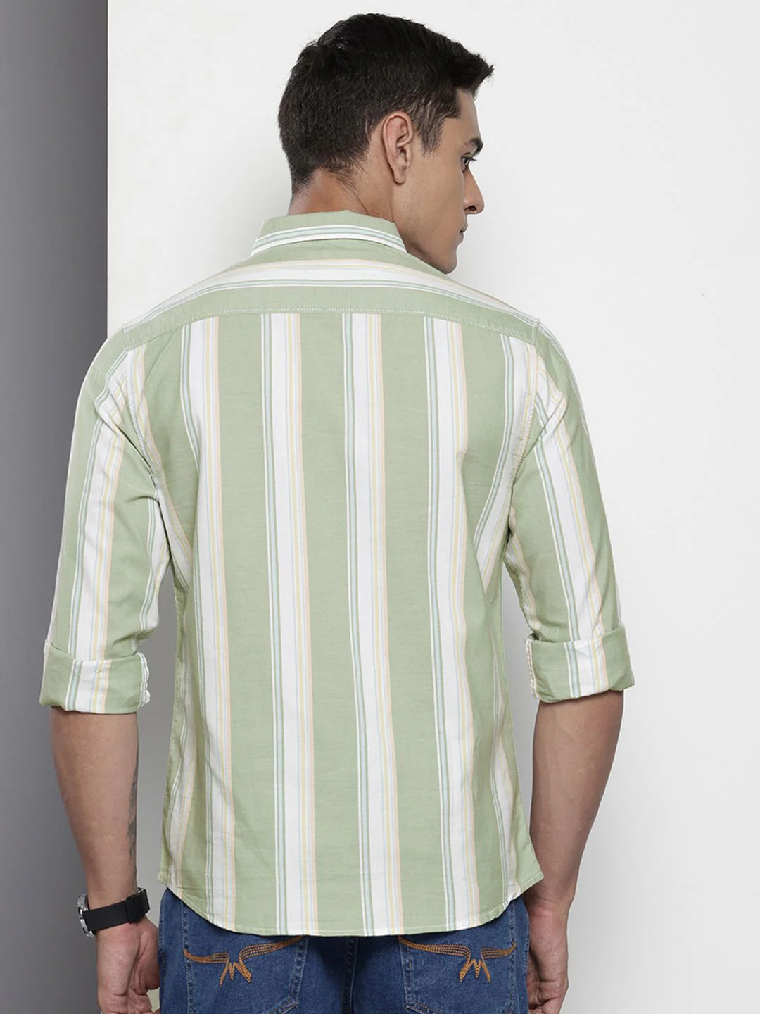 Men's Green Slim Fit Striped Striped Shirt - Image 4