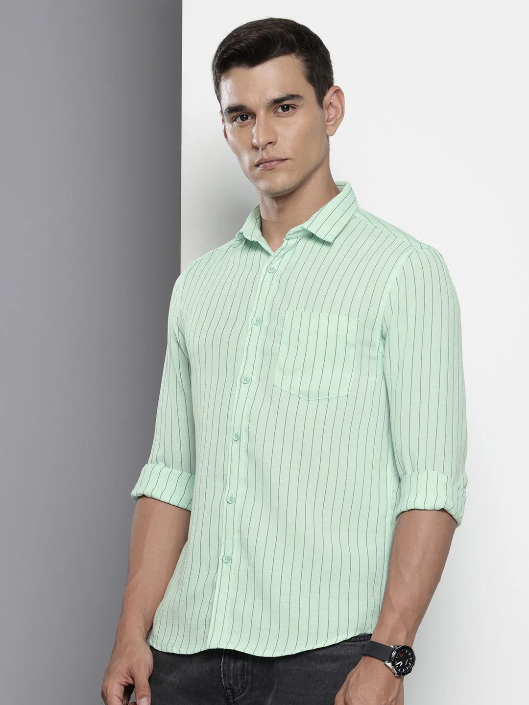 Men's Mint Slim Fit Striped Casual Shirt - Image 3