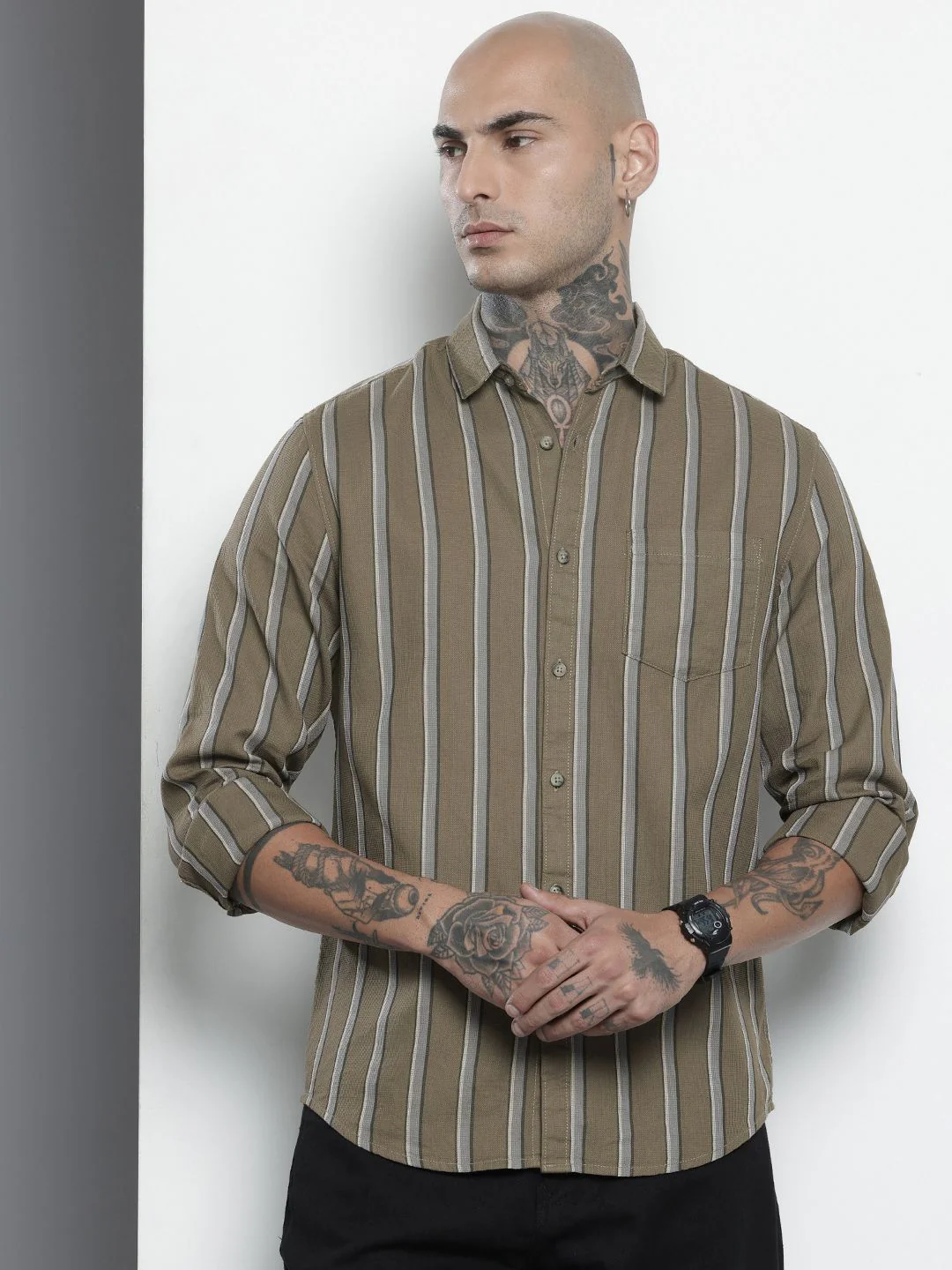 Men's Olive Slim Fit Striped Casual Shirt - Image 2