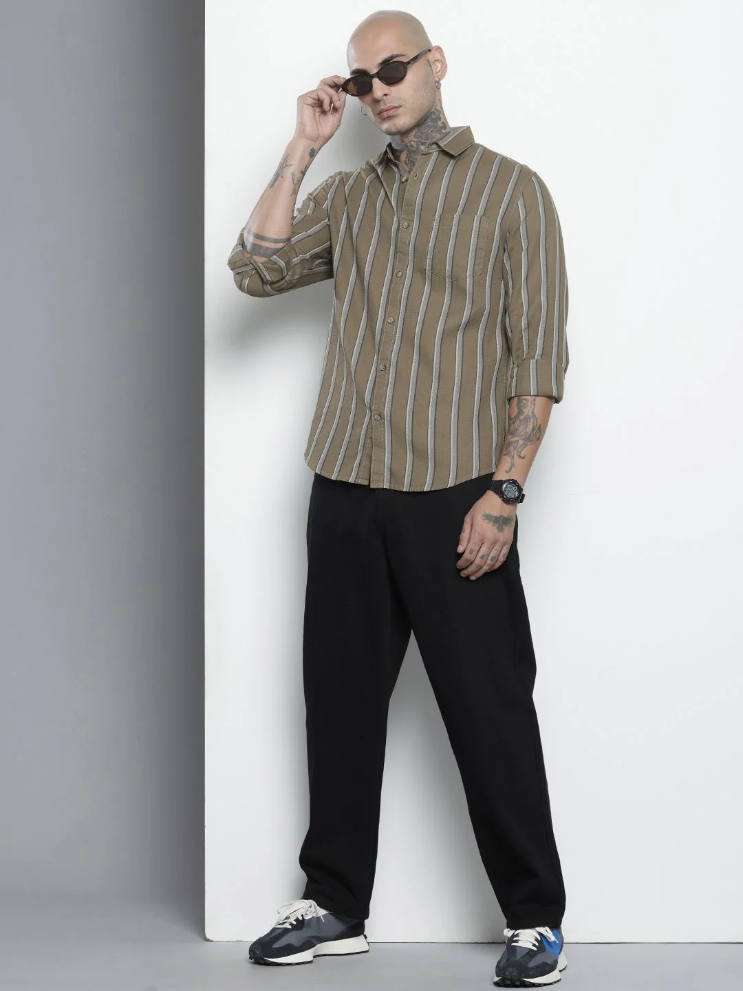 Men's Olive Slim Fit Striped Casual Shirt - Image 3