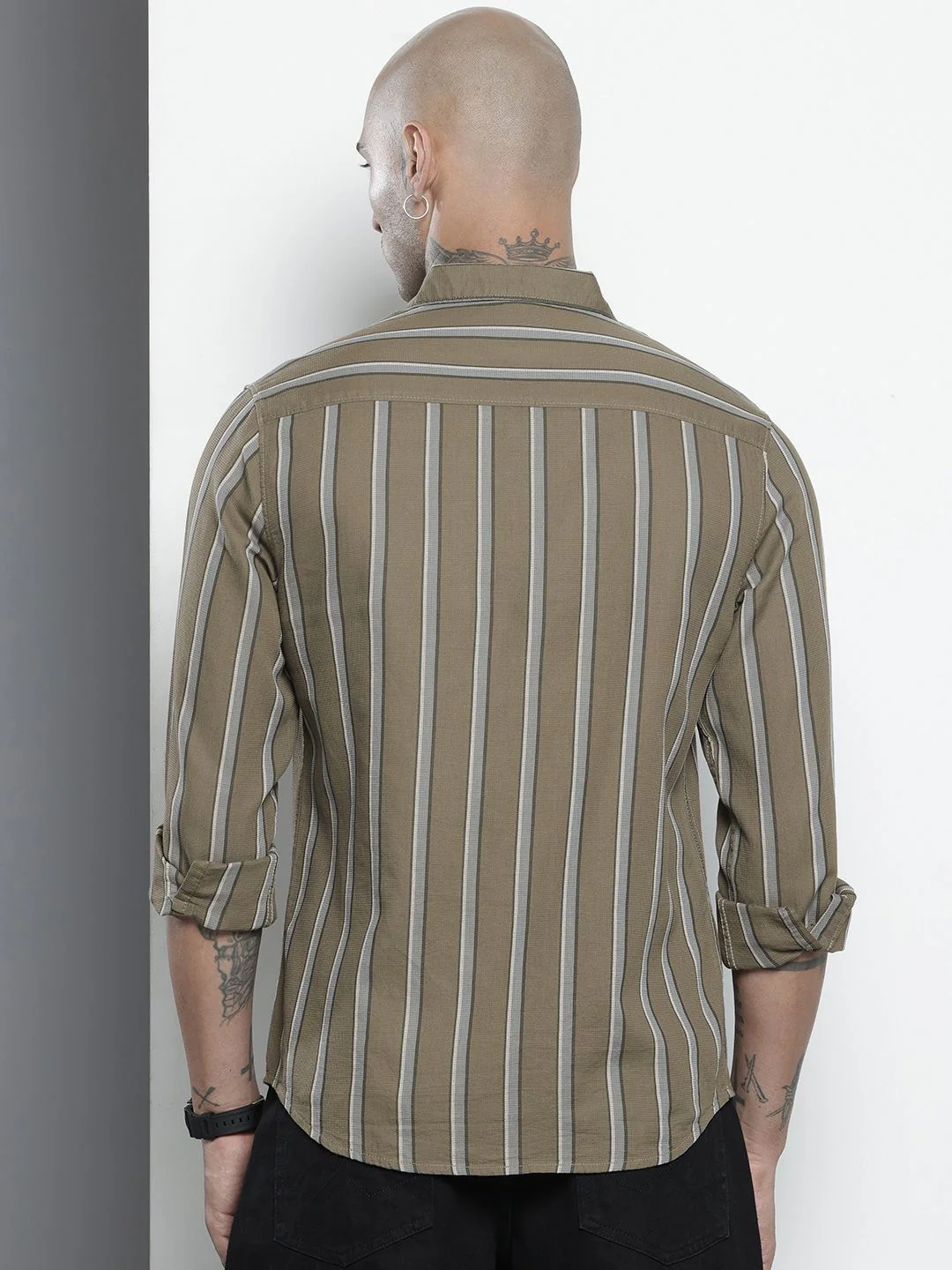 Men's Olive Slim Fit Striped Casual Shirt - Image 4