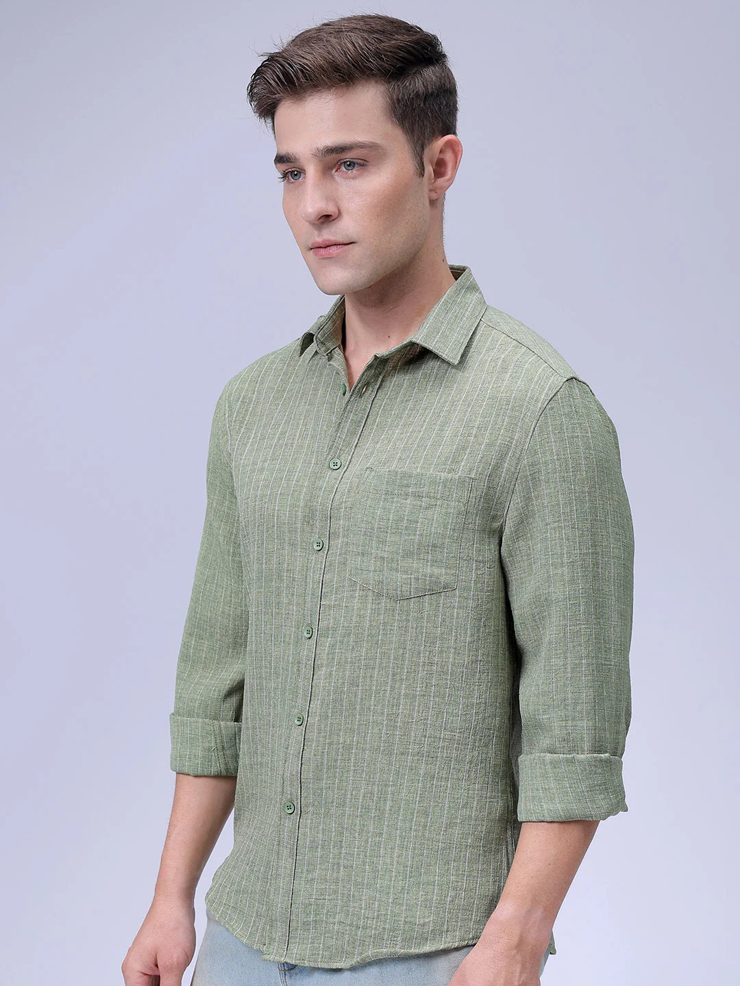 Men's Green Slim Fit Striped Casual Shirt - Image 3