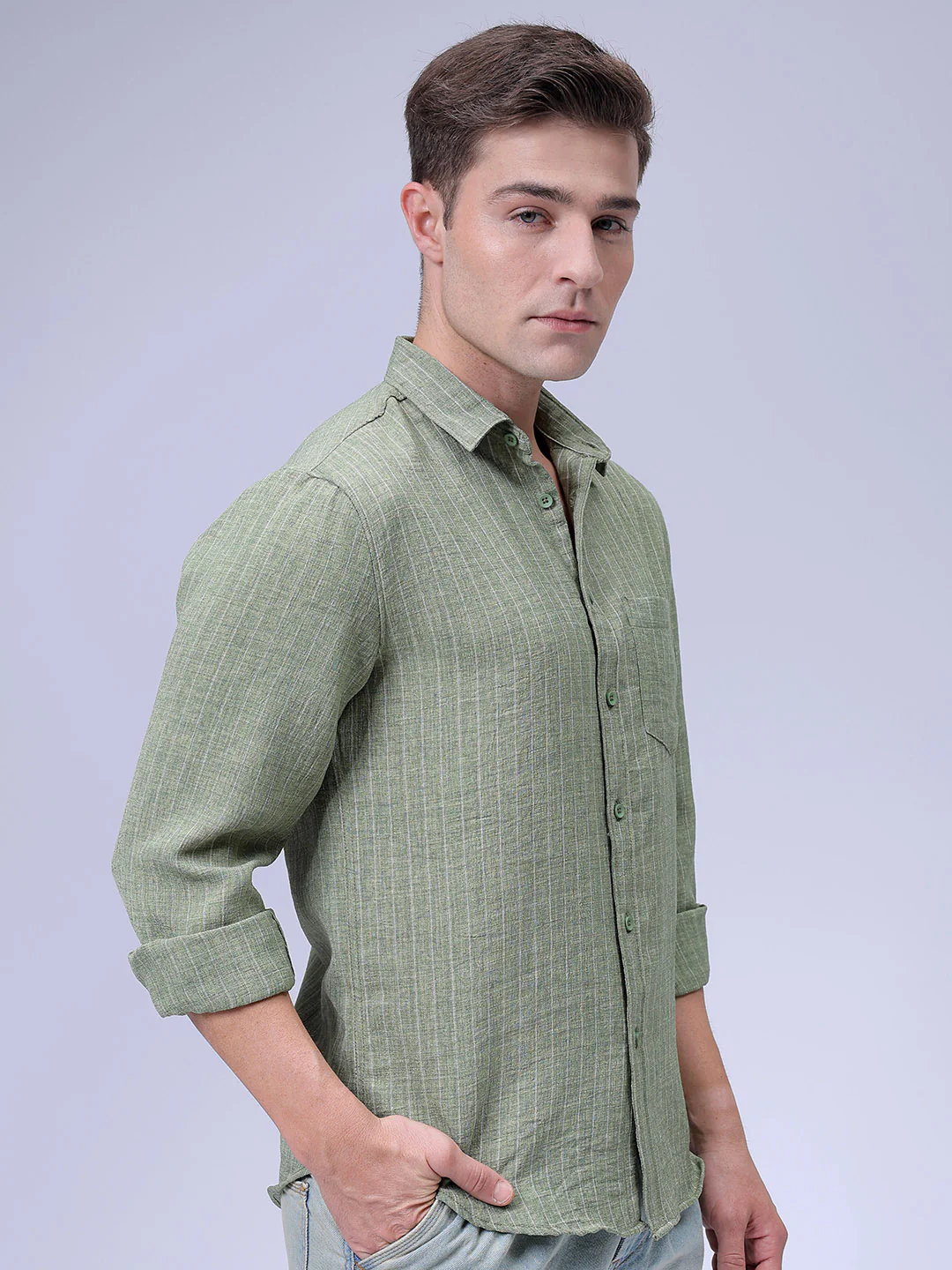 Men's Green Slim Fit Striped Casual Shirt - Image 4
