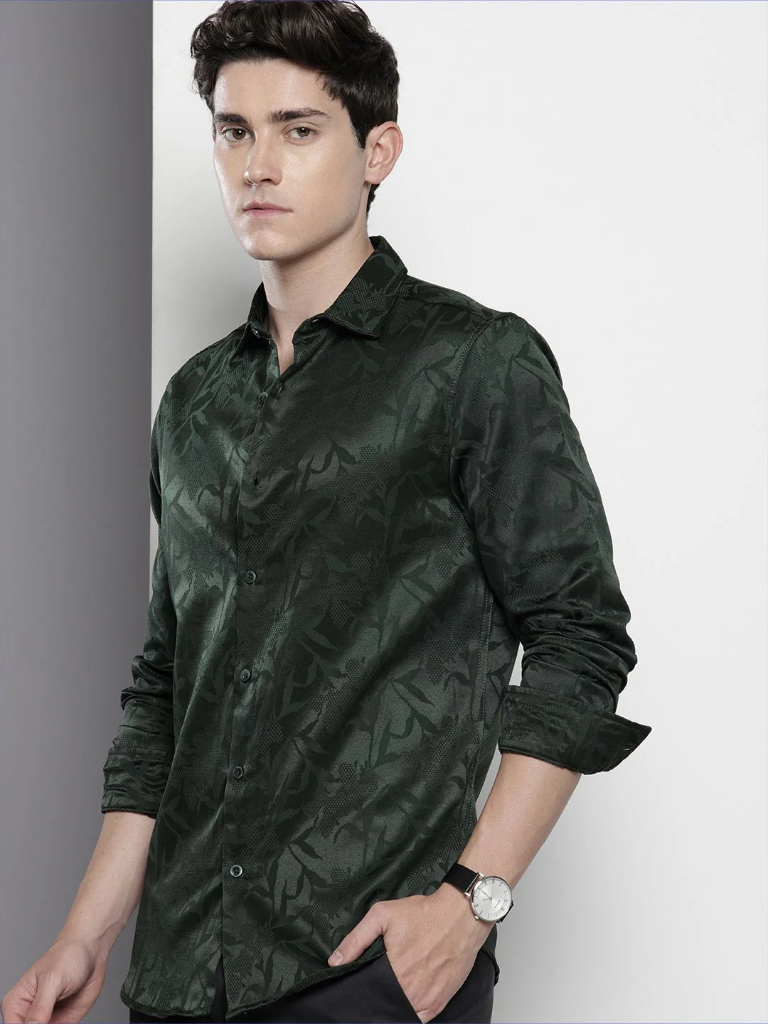 Men's Green Slim Fit Textured Party Wear Shirt - Image 2