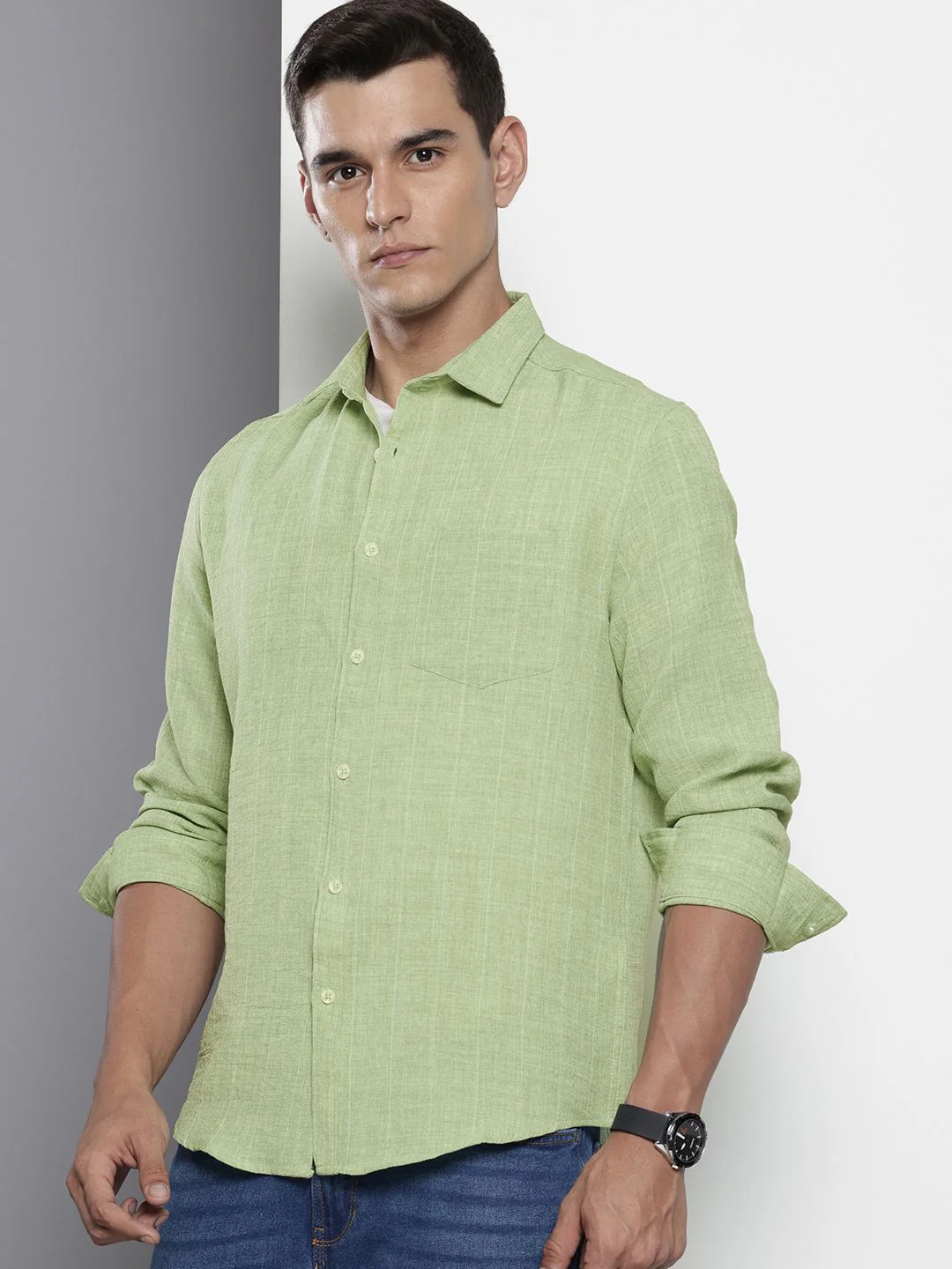 Men's Green Slim Fit Striped Casual Shirt - Image 2