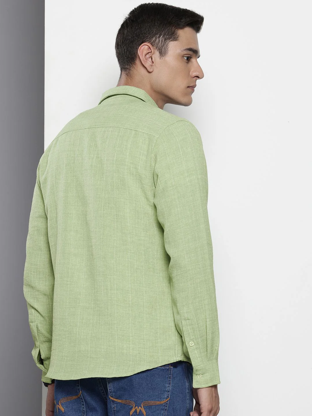 Men's Green Slim Fit Striped Casual Shirt - Image 3