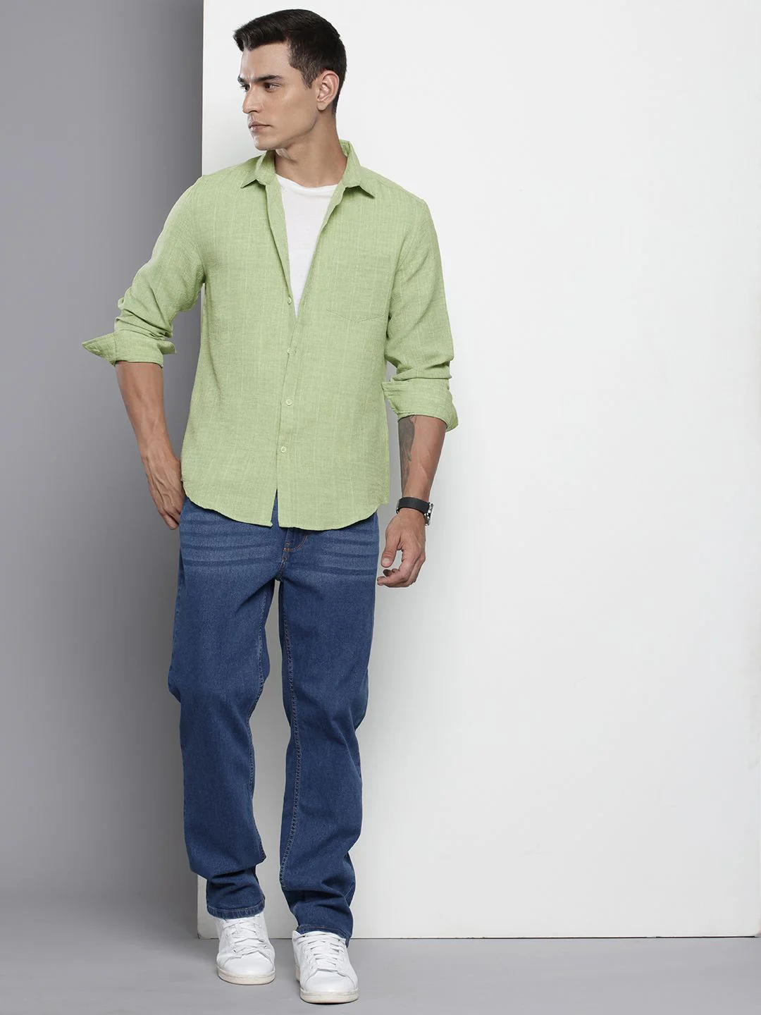 Men's Green Slim Fit Striped Casual Shirt - Image 4