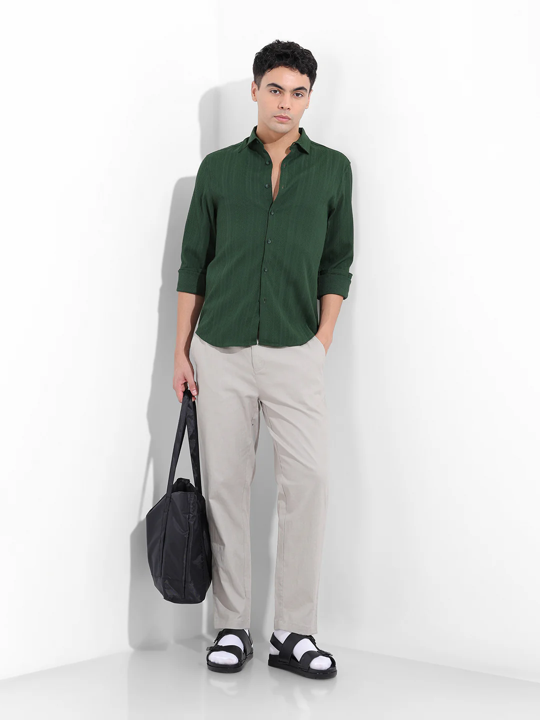 Men's Green Slim Fit Textured Resort Wear Shirt - Image 8
