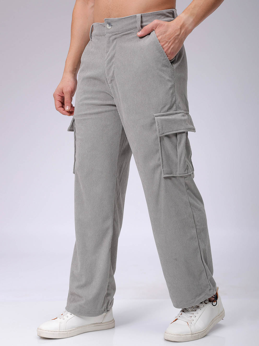 Men's Light Grey Baggy Fit Textured Utility Cargo - Image 3