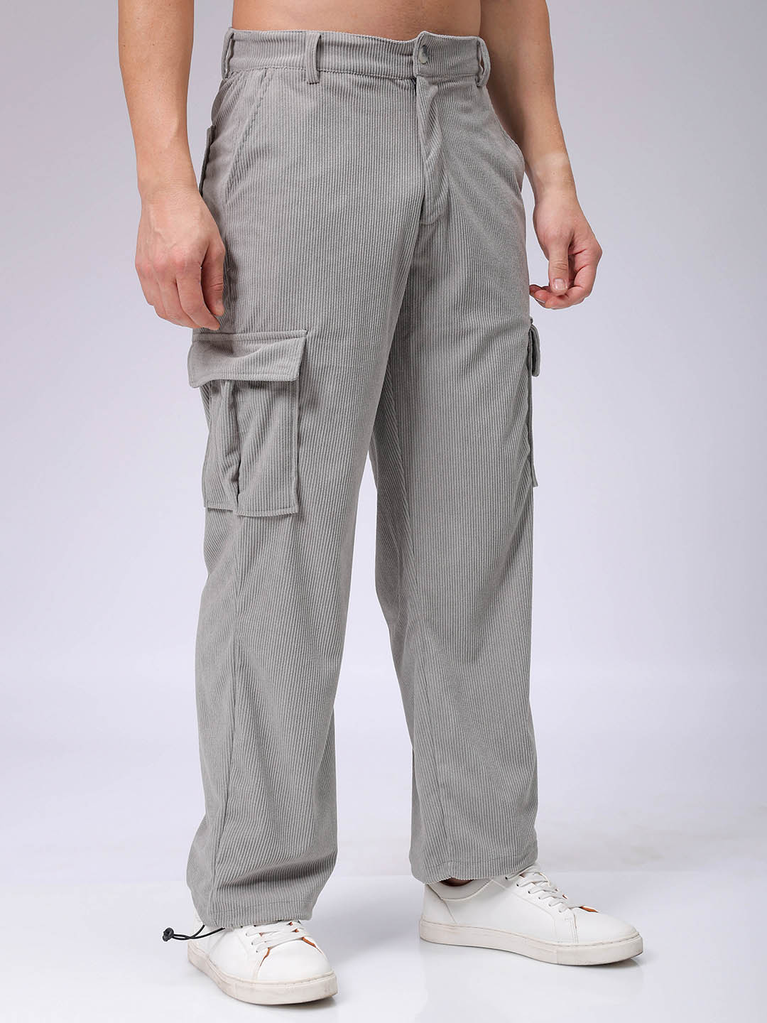 Men's Light Grey Baggy Fit Textured Utility Cargo - Image 4