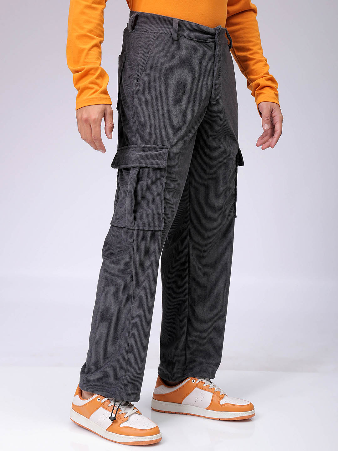 Men's Dark Grey Baggy Fit Textured Utility Cargo - Image 4