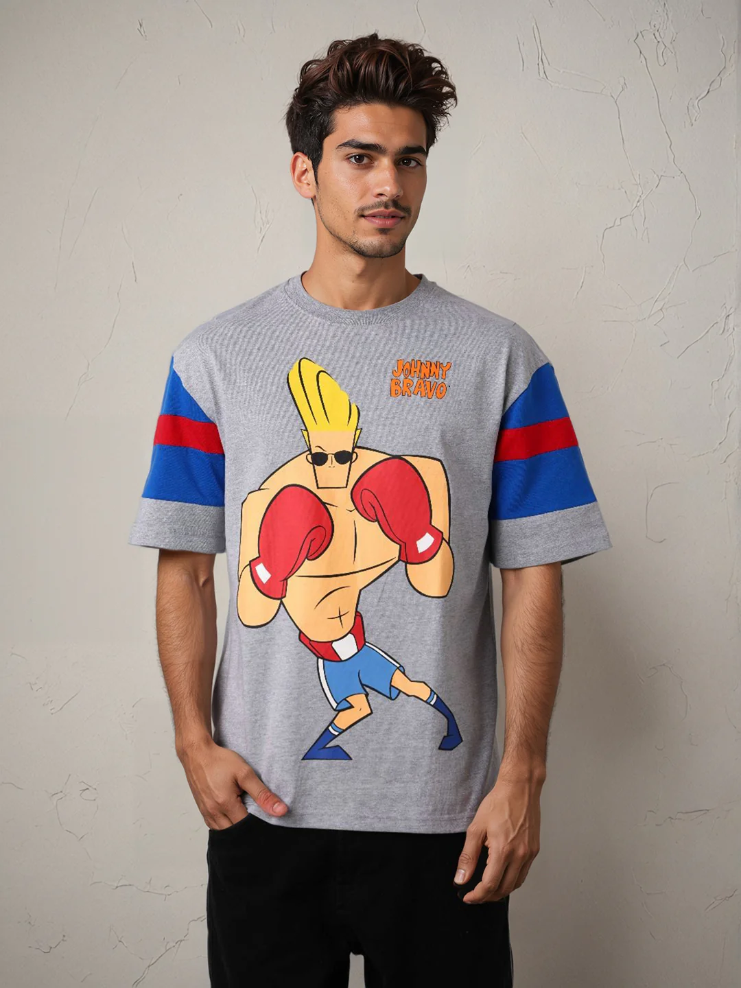 Men's Grey Boxy Fit Character Johnny Bravo Printed Crew Neck T-Shirt - Image 2