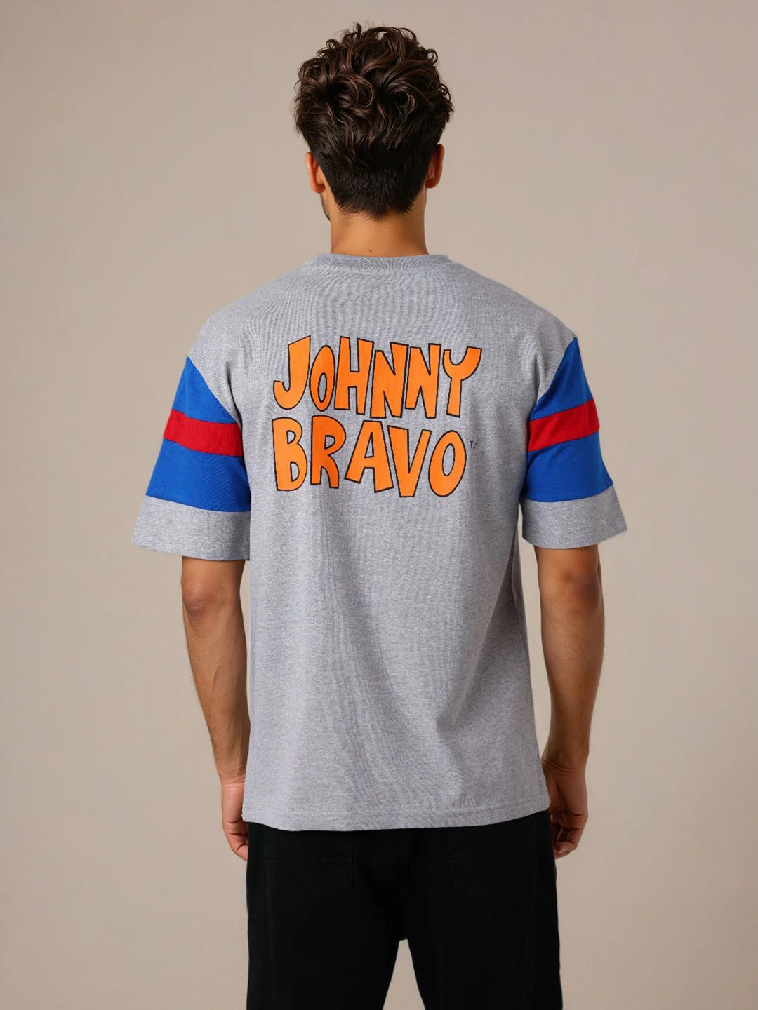 Men's Grey Boxy Fit Character Johnny Bravo Printed Crew Neck T-Shirt - Image 3