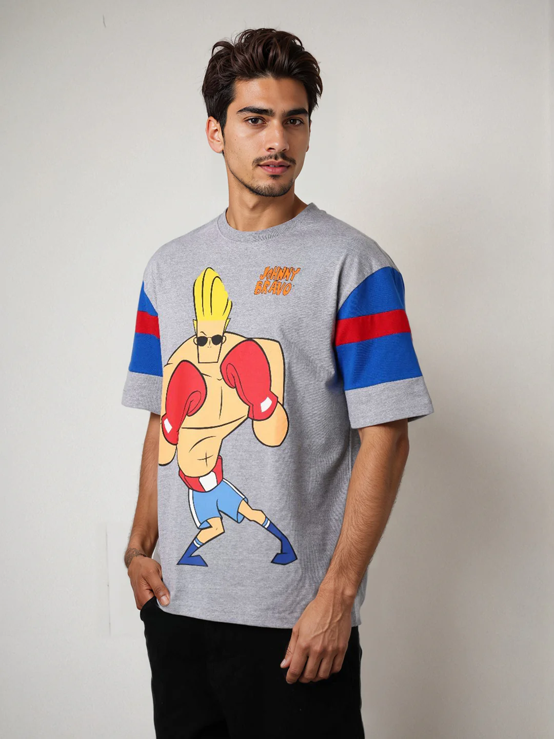 Men's Grey Boxy Fit Character Johnny Bravo Printed Crew Neck T-Shirt - Image 4