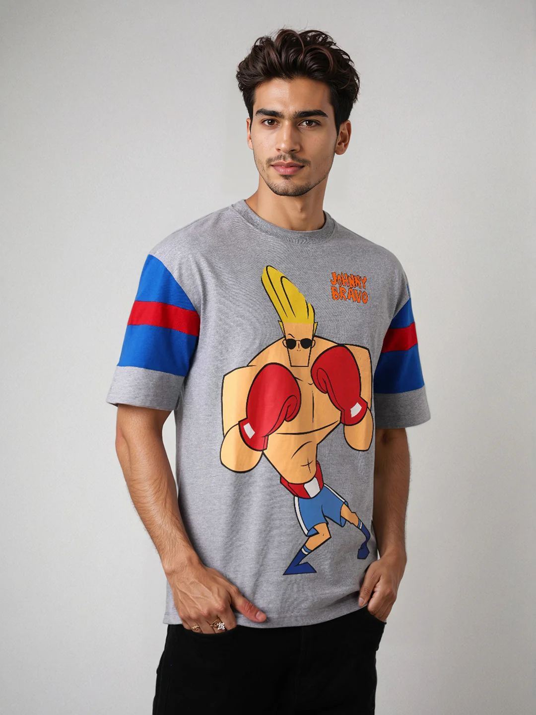 Men's Grey Boxy Fit Character Johnny Bravo Printed Crew Neck T-Shirt - Image 5