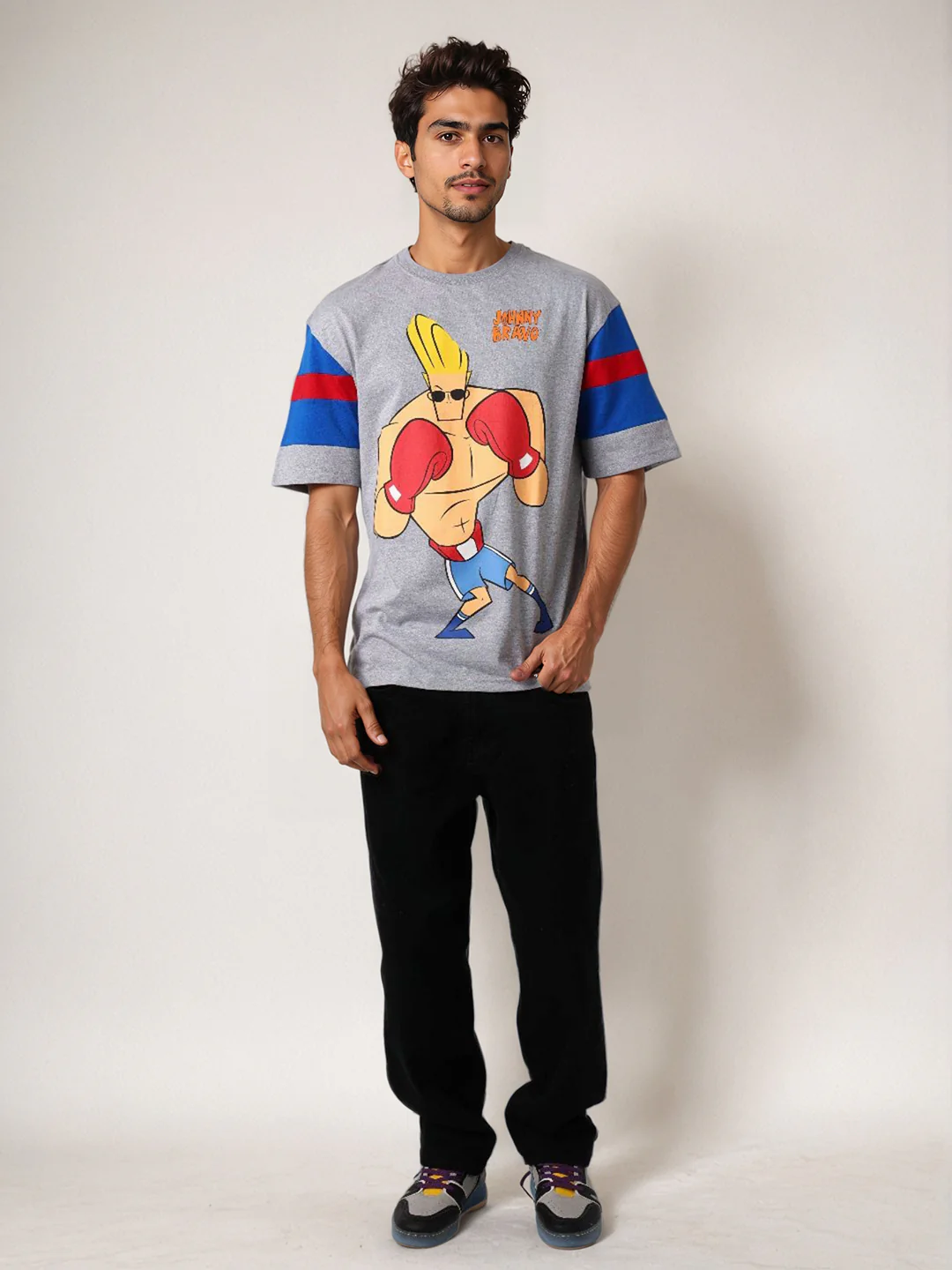 Men's Grey Boxy Fit Character Johnny Bravo Printed Crew Neck T-Shirt - Image 6