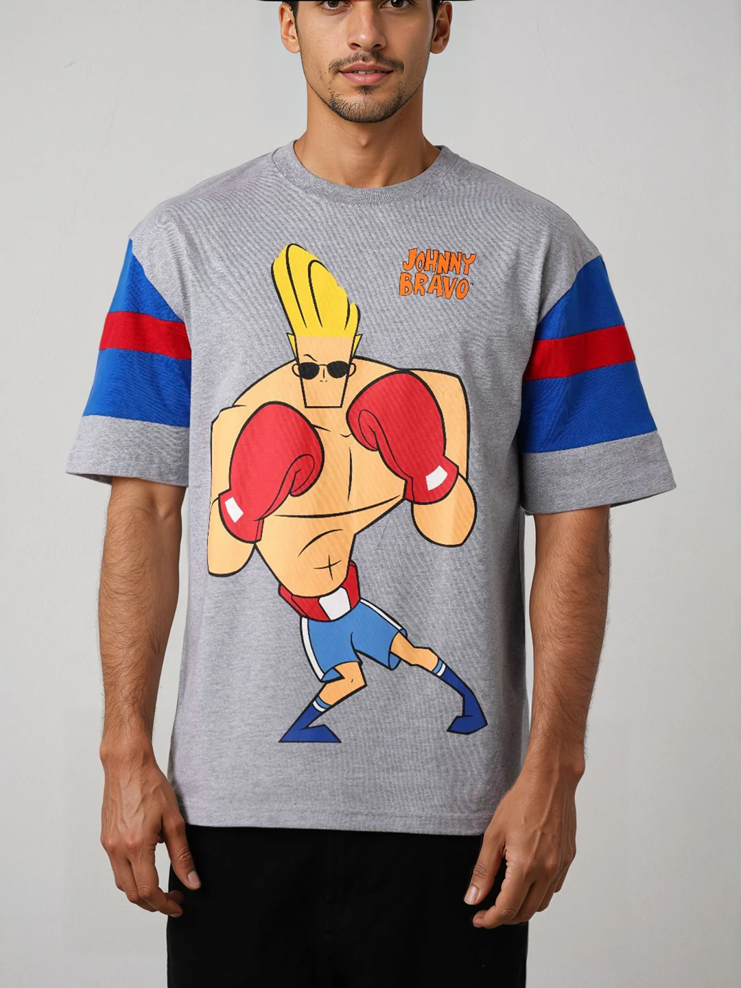 Men's Grey Boxy Fit Character Johnny Bravo Printed Crew Neck T-Shirt - Image 7