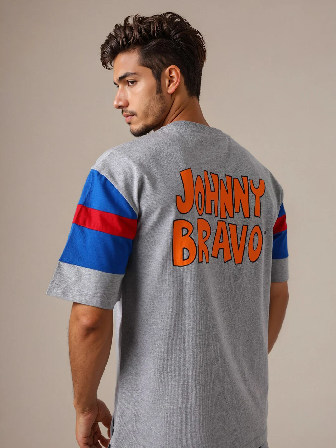 Men's Grey Boxy Fit Character Johnny Bravo Printed Crew Neck T-Shirt - Image 8