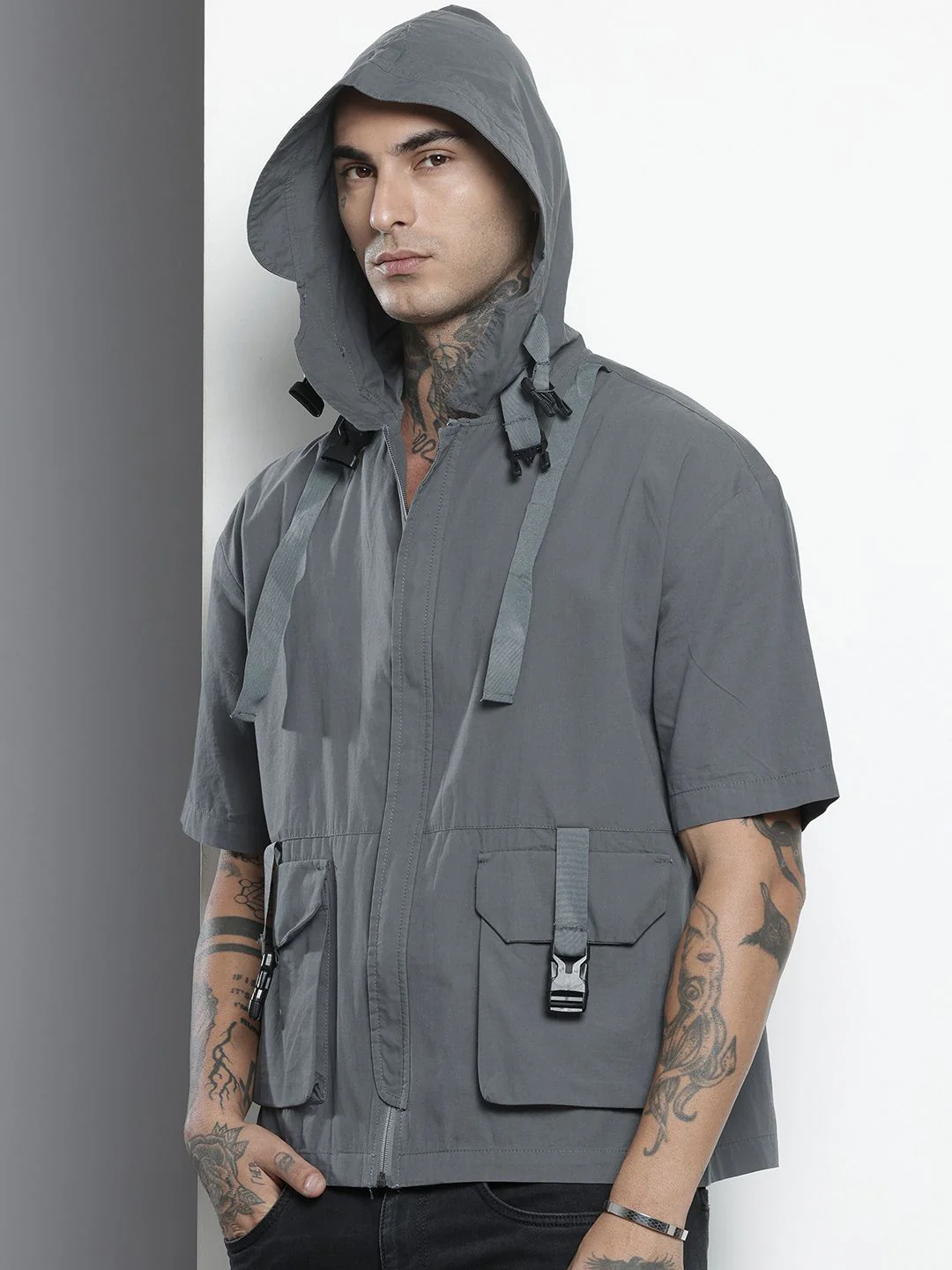 Men's Grey Boxy Fit Solid Korean Street Shirt - Image 2