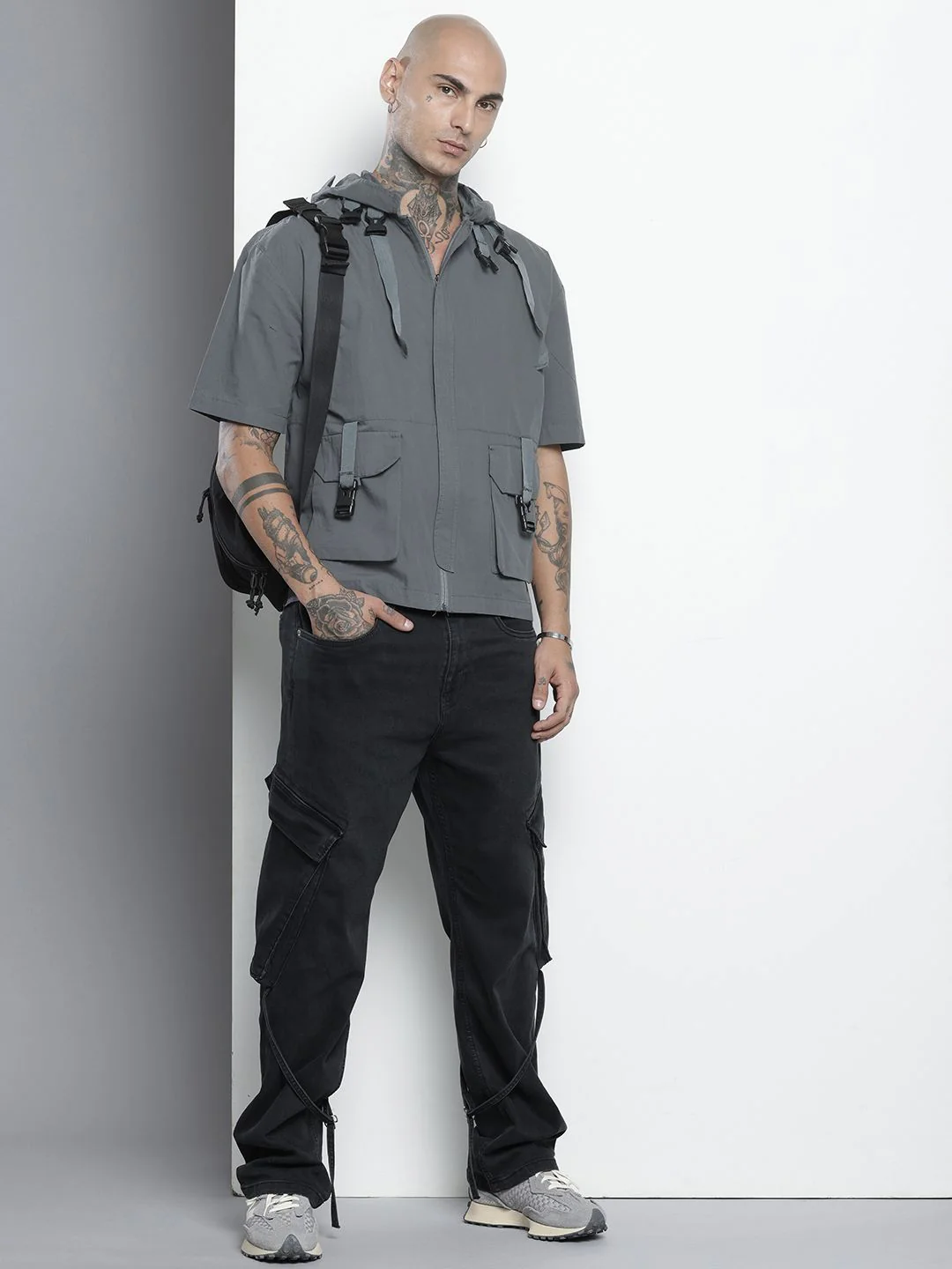 Men's Grey Boxy Fit Solid Korean Street Shirt - Image 3