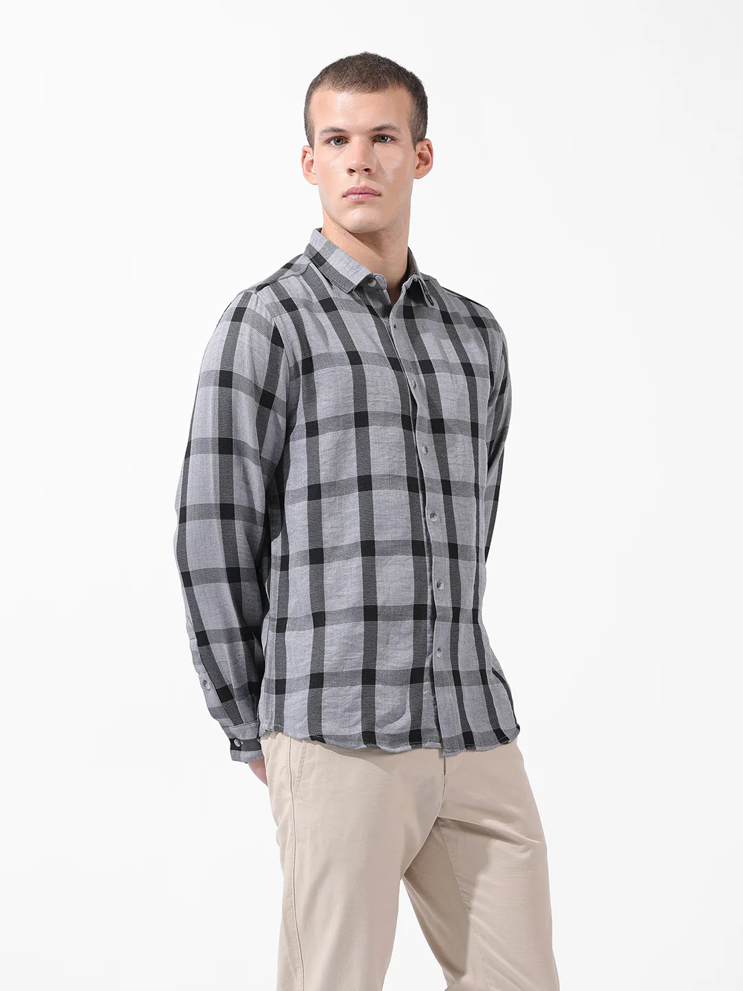 Men's Grey Regular Fit Checked Casual Shirt - Image 2