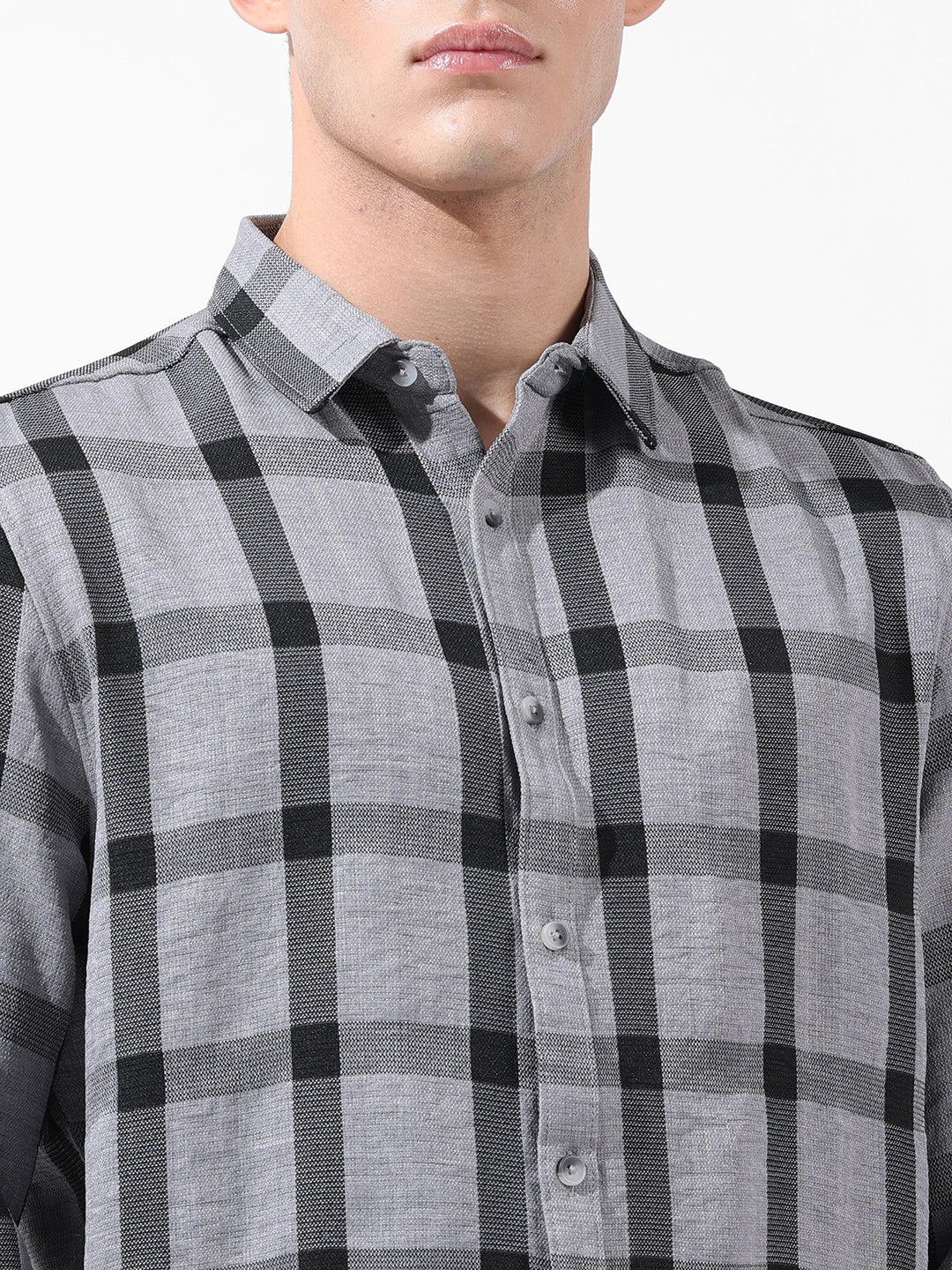 Men's Grey Regular Fit Checked Casual Shirt - Image 3
