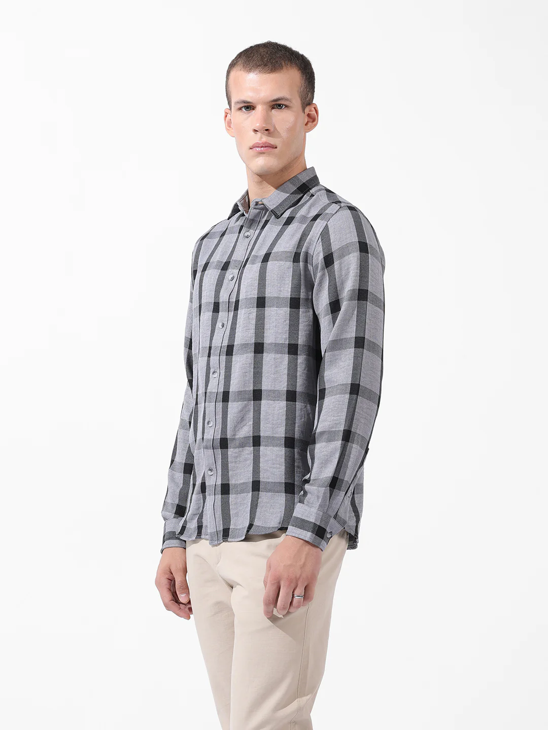 Men's Grey Regular Fit Checked Casual Shirt - Image 4