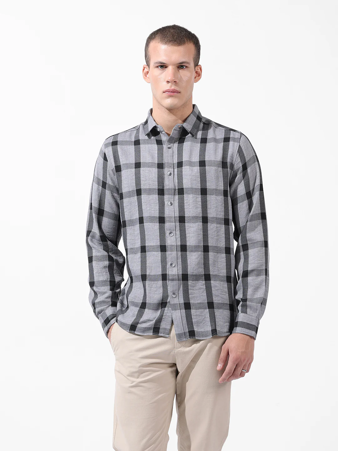 Men's Grey Regular Fit Checked Casual Shirt - Image 6