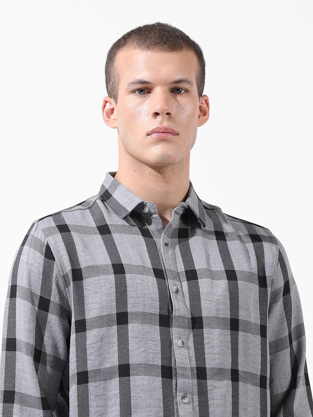 Men's Grey Regular Fit Checked Casual Shirt - Image 7