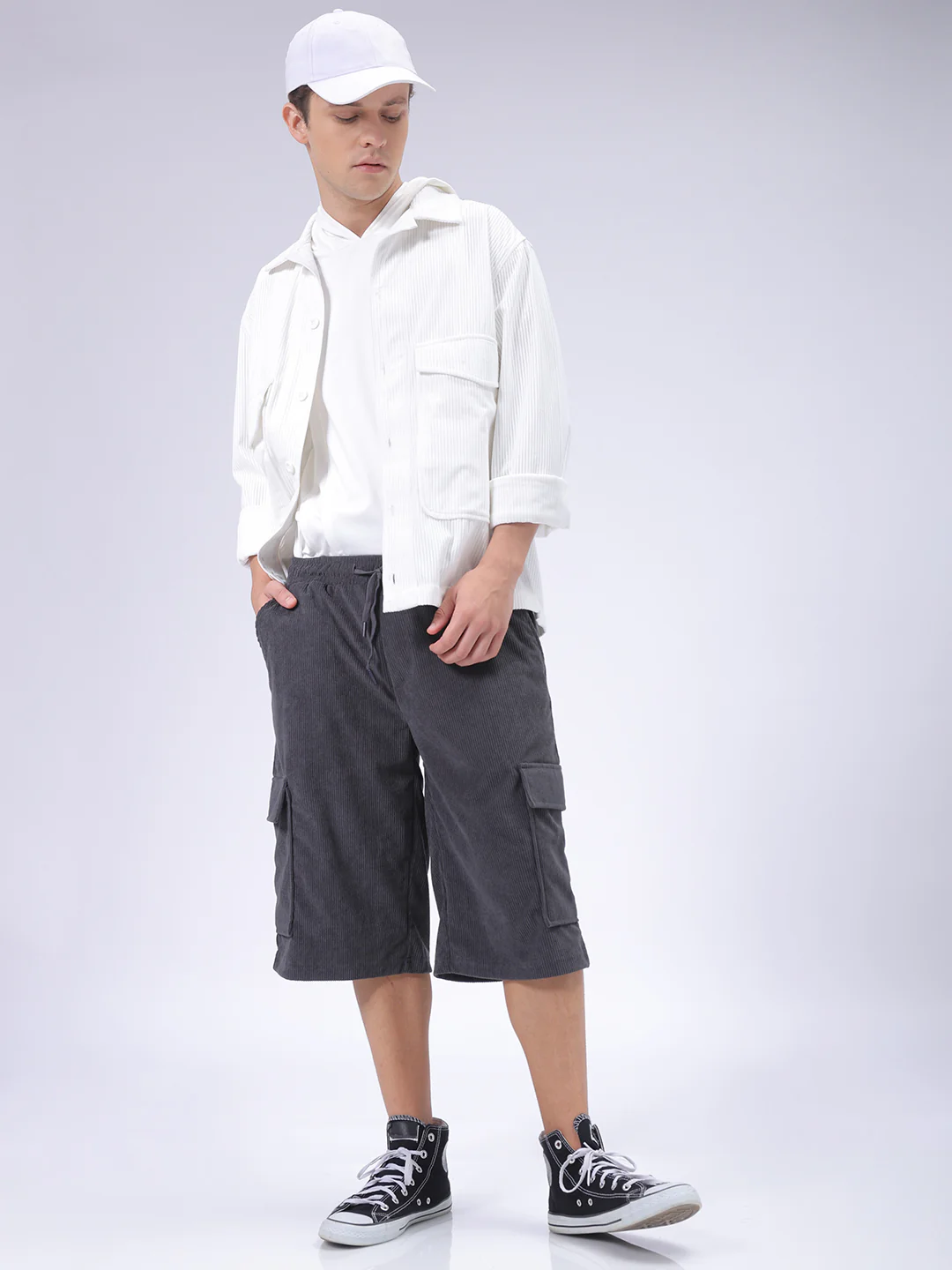 Men's Dark Grey Loose Fit Textured Utility Shorts - Image 2