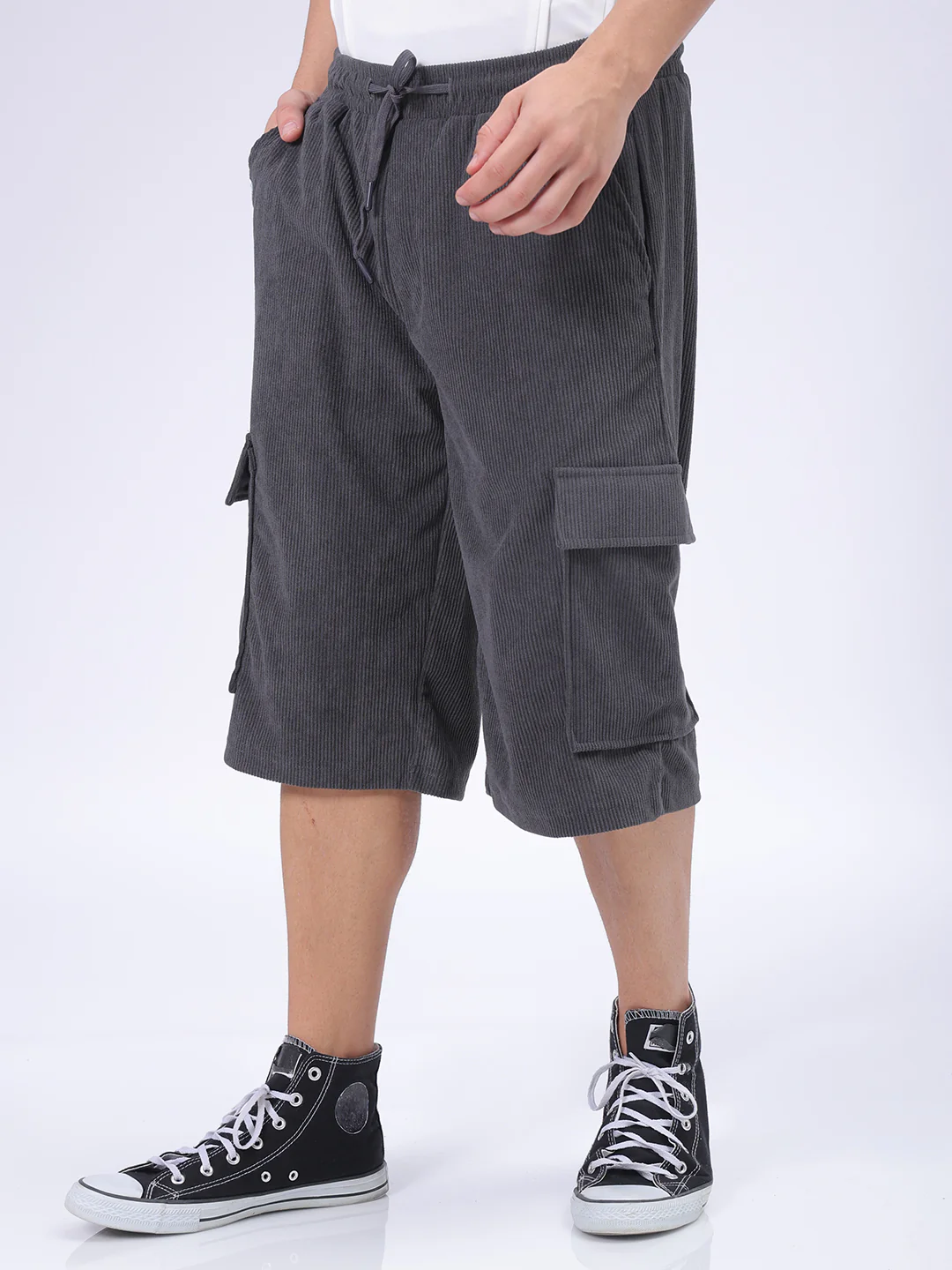 Men's Dark Grey Loose Fit Textured Utility Shorts - Image 3